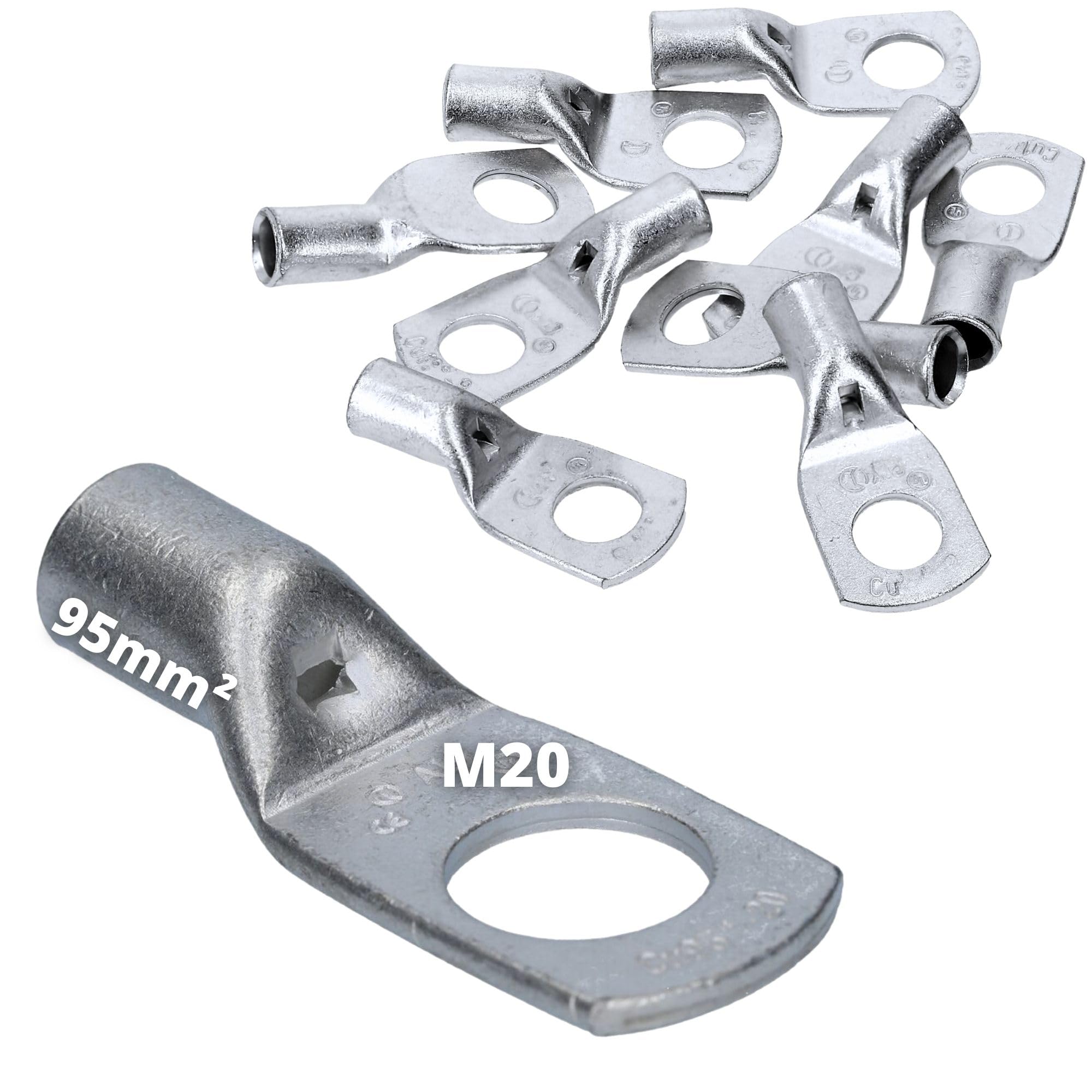 Kalitec 10x Cosses Tubulaires 95 mm² M20 - Connecteurs en Cuivre Étamé | Bornes de sertissage non isolées en cuivre électrolytique avec trou de contrôle pour câbles de voiture, camion et maison