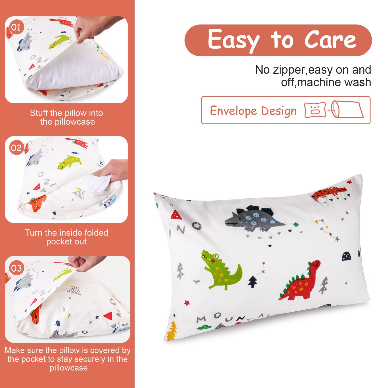 Vicloon Federa per Cuscini per Bambini, 2 Pezzi 40X60 cm Fodera per Cuscino, Federa Decorativa per Cuscino Federa Cuscino in 100% Cotone, Federa per Cuscino da Viaggio, Modello di Dinosauro