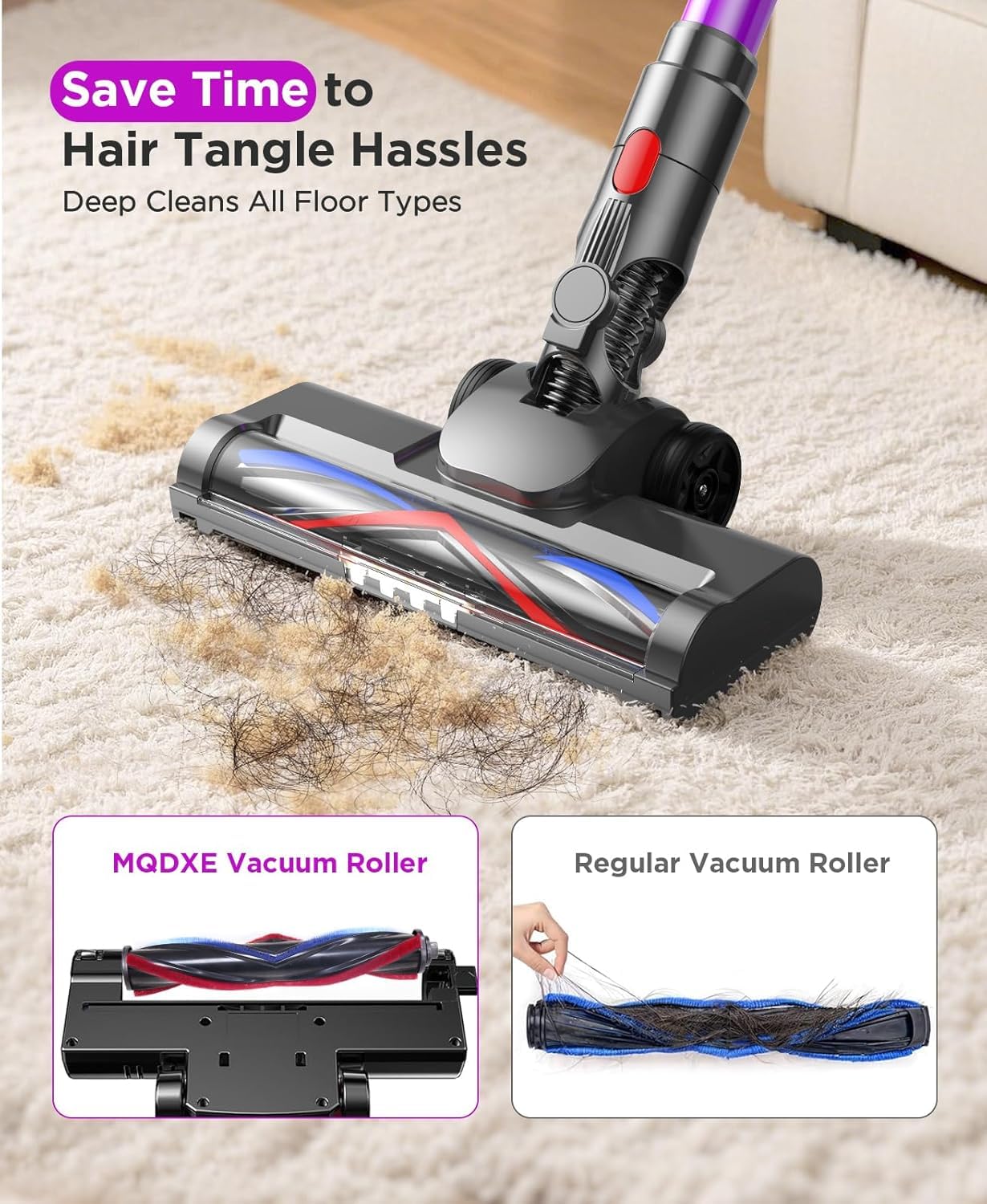 Cordless Stick Vacuum Cleaner: 550W Powerful Suction, LED Display, 55 Min Runtime, Anti-Tangle Brush, Rechargeable Battery, Lightweight for Home, Pet Hair, Hard Floors, Carpet — view 3