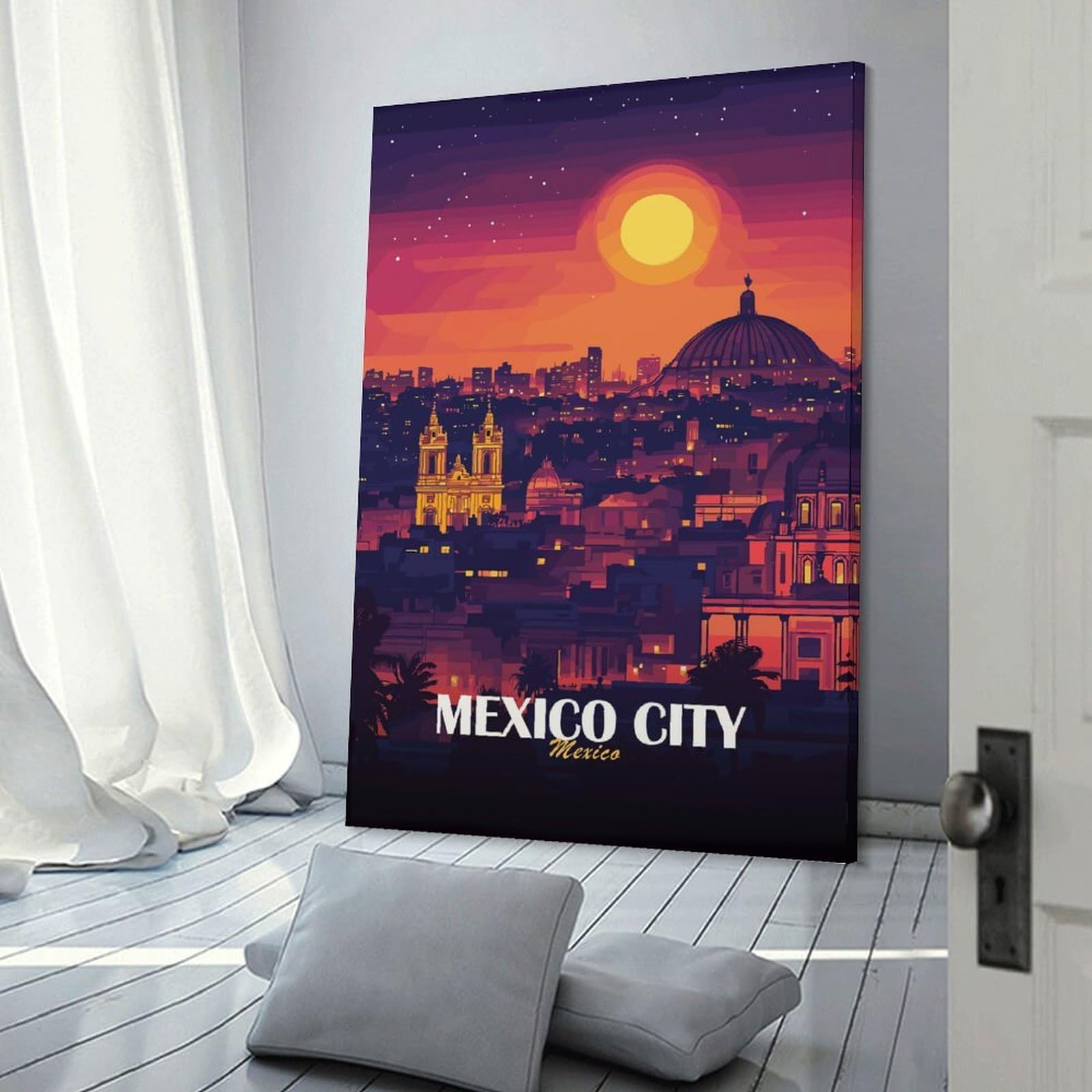 Junmoney Mexico City Skyline at Sunset(2) Hanging Wall Art 16x24inch(40x60cm), for New Homes, Bedrooms Or Workspaces, Thoughtful Wall Decor for Art Lovers