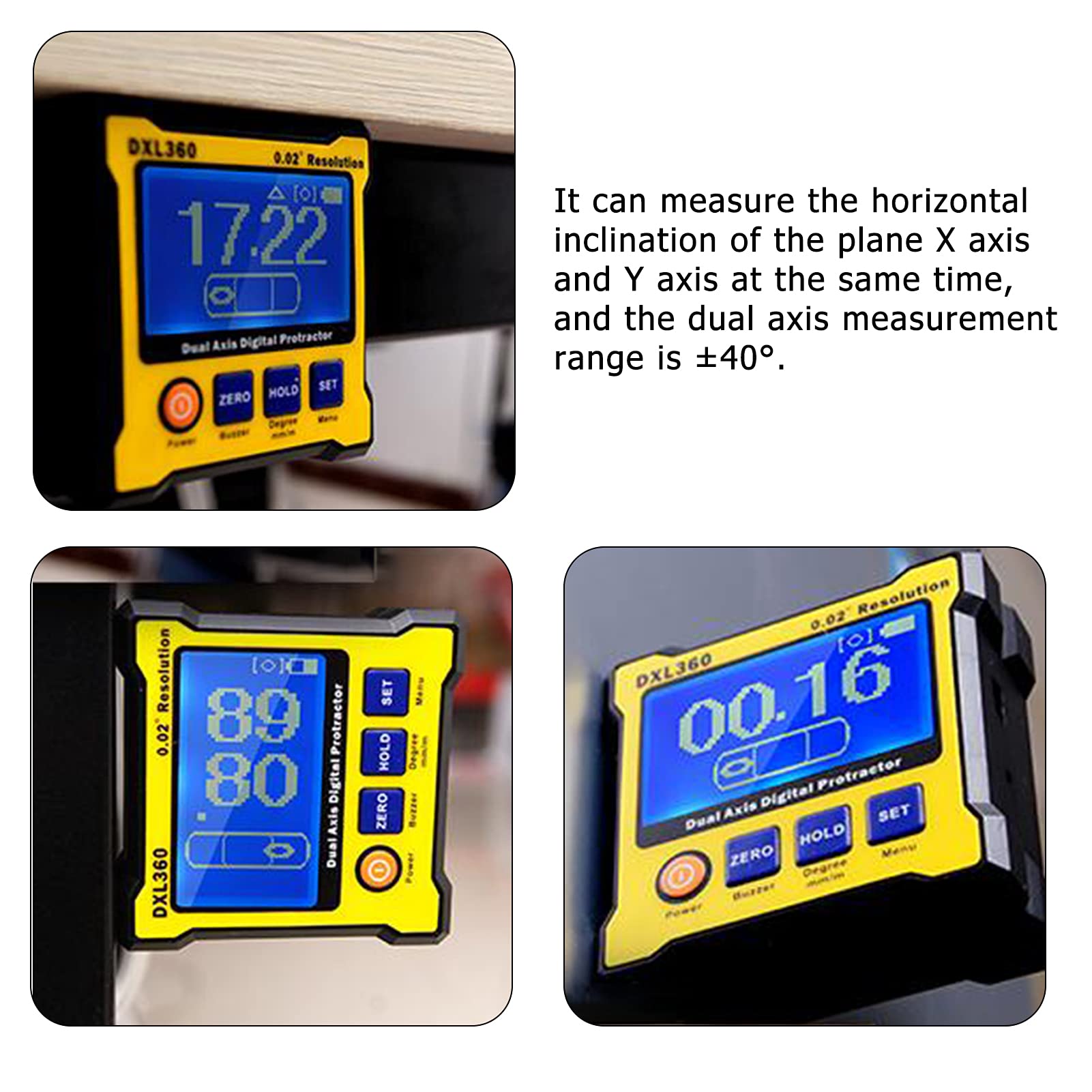 DXL360 Level Box DXL360 Boîte de mesure de niveau à double axe, rapporteur numérique, inclinomètre, règle d'angle, élévation, 0,02 ° Outil de mesure précis haute résolution avec écran LCD