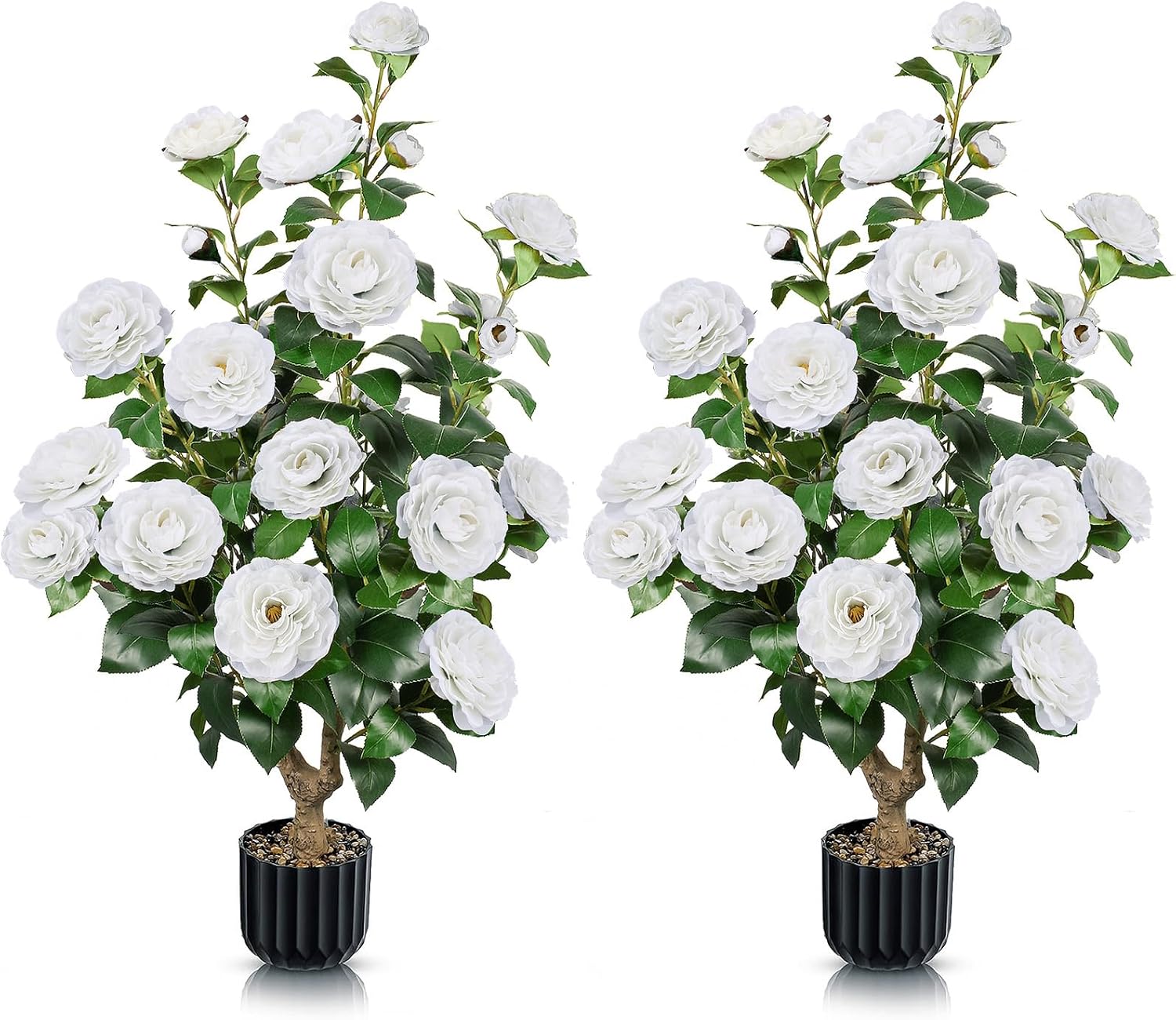 2 PCS Artificial Camellia Trees in Pot White Fake Flowers Trees Outdoor Faux Potted Tree with 24 Blooming Camellia Topiary Greenery Plant for Porch Front Door Indoor