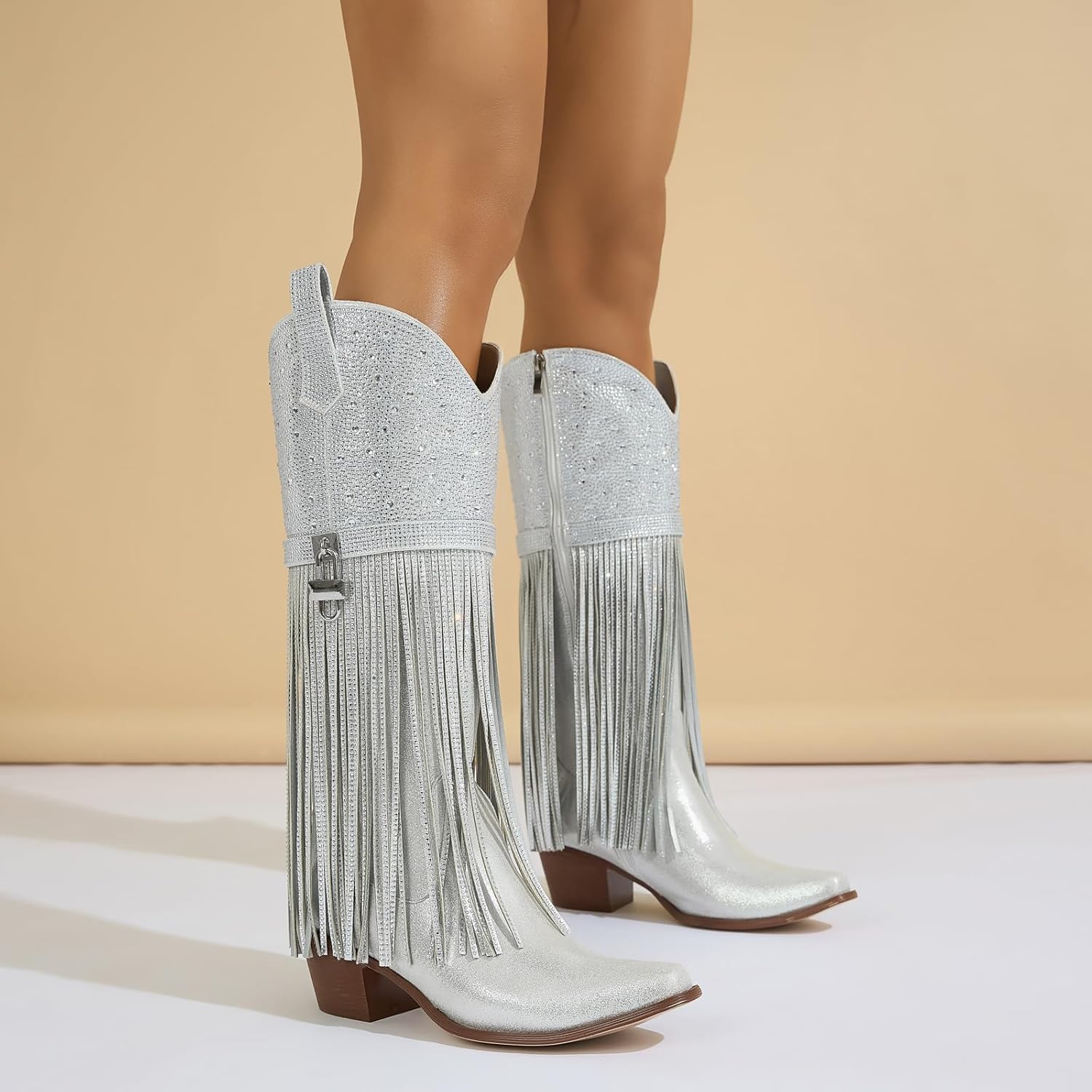 Fringe Cowboy Boots for Women, Sparkly Rhinestone Upper Side Zipper cowgirl boots Chunky Heels Pointed Toe knee High Western Boots Silver 7 - Image 2