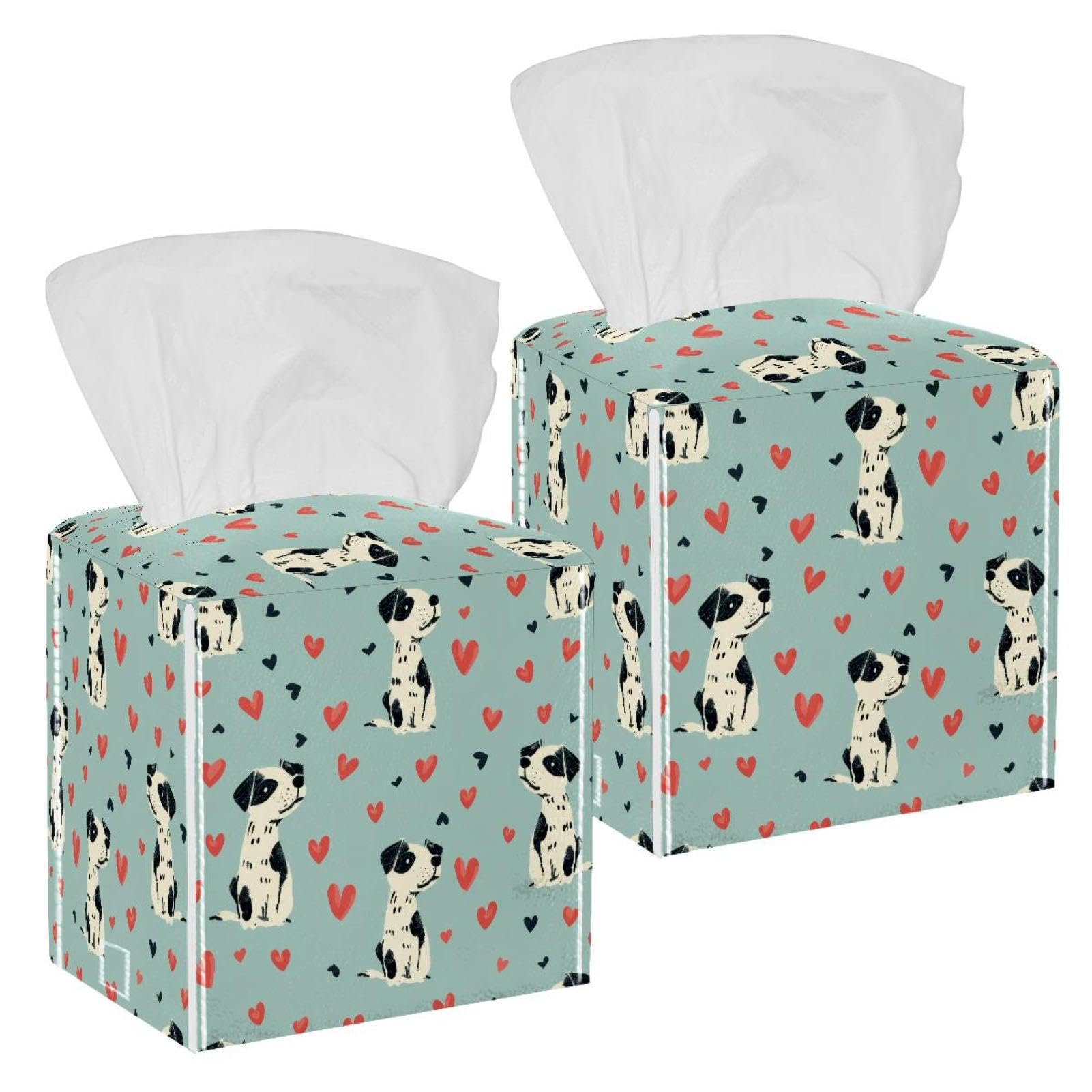 Dog Hearts Tissue Box Cover, 2 Pack PU Leather Square Facial Tissue Dispenser Box holder for Home Office Car