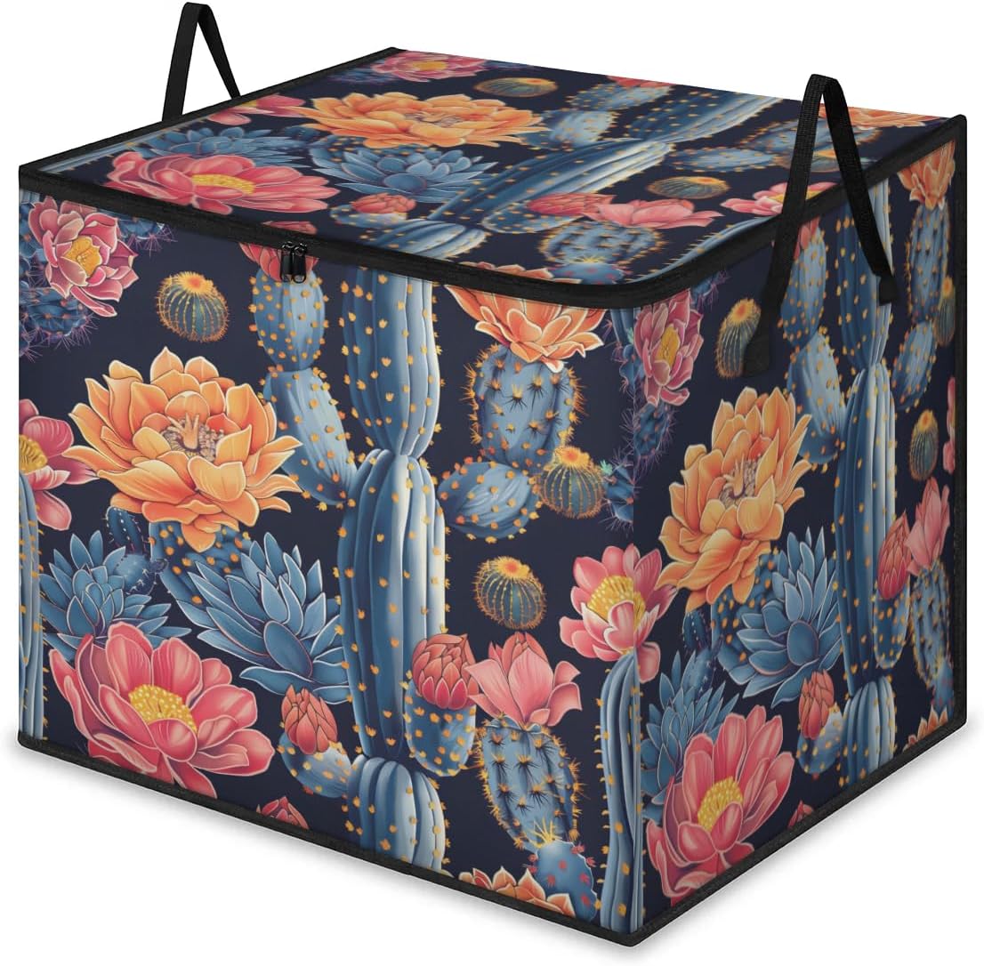 Honeybaby 214L Extra Large Comforter Storage Bag Cactus Floral Storage Totes with Lids Waterproof Closet Organizer Folding Blanket Storage Bags for Clothes Bedding Pillows