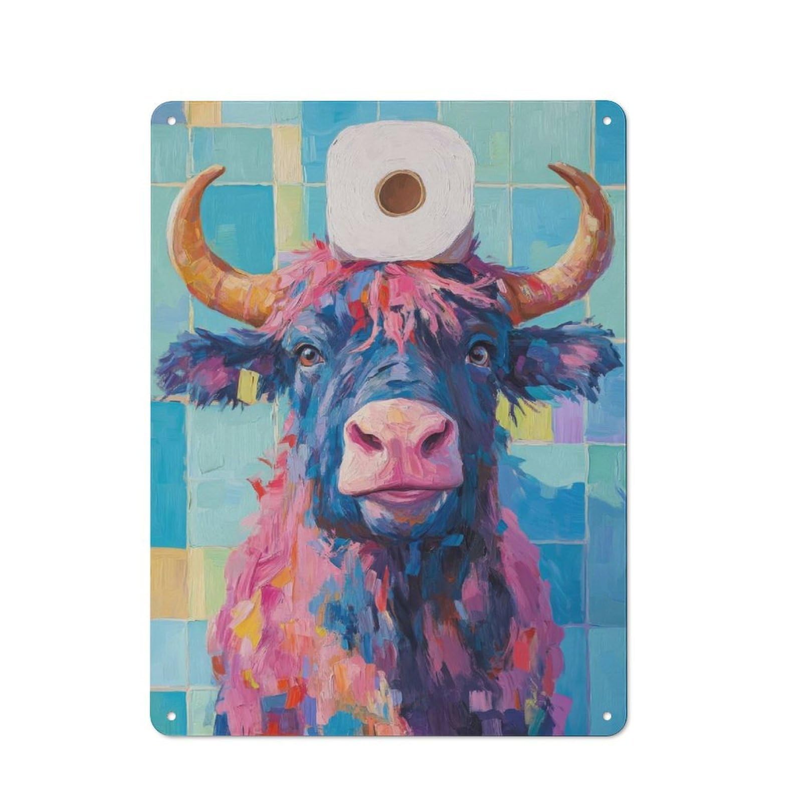 Junmoney Bull With Toilet Paper Decorative Metal Sign 40X30cm, Creative Studio Wall Plaque For Hobby Room, Office, Lounge Or Living Room