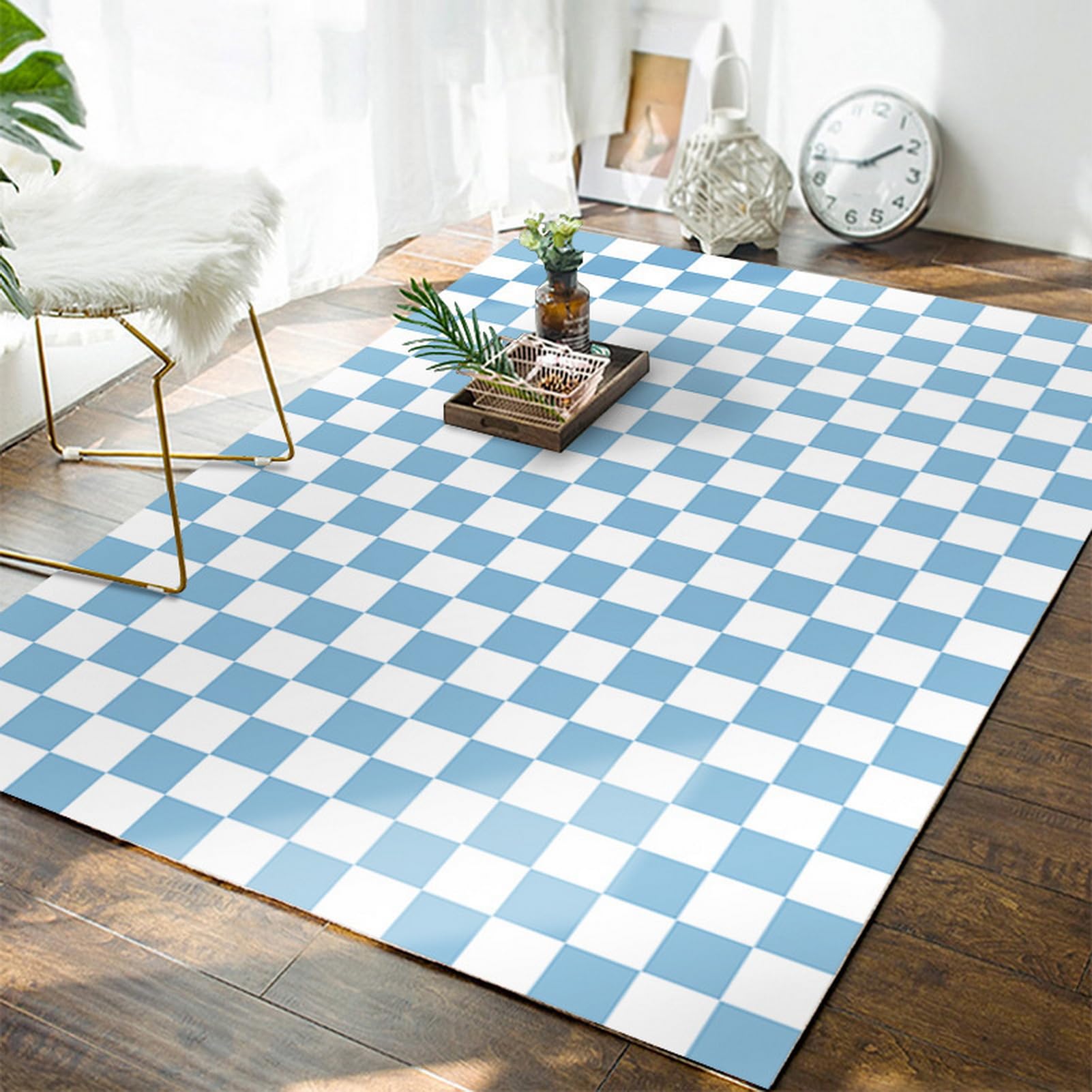 Lifup Checkered Area Rug for Living Room and Bedroom, Moroccan Checkerboard Rug, Washable Non-Slip Low Pile Shaggy Carpets for Home Decor Blue 5x7.5