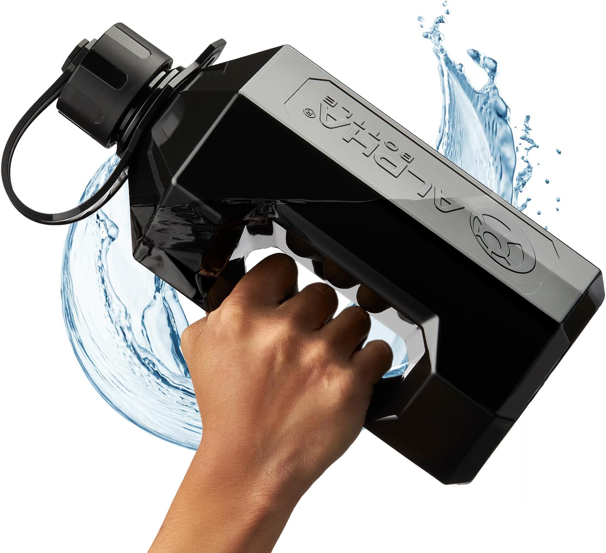 Alpha Designs | 2 Litre Water Bottle | 2.4l Large Drinks Water Jug | Gym, Holiday, Travel | Black