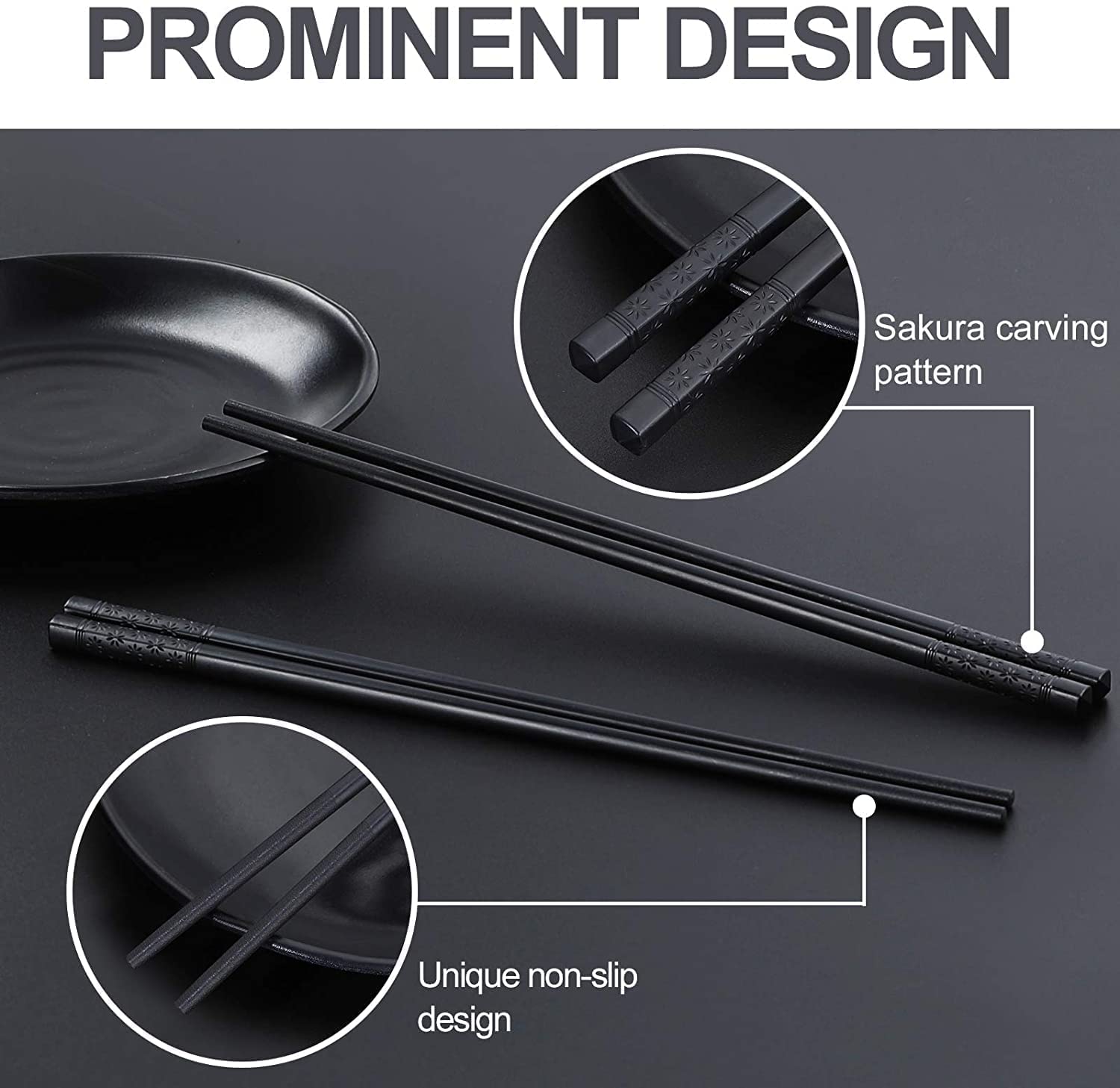 Kienlix 10 Pairs Fiberglass Reusable Non-Slip Chopsticks for Sushi, Noodles, Fried Rice (24 cm, Black)