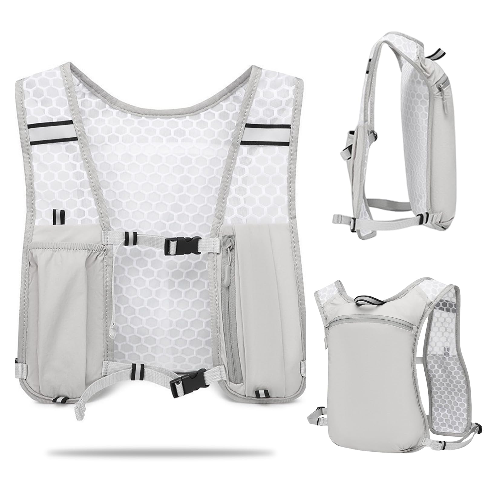 Running Vest for Women Men Lightweight Hydration Backpack Adjustable Chest Straps Breathable Running Backpack for Climbing Hiking Cycling Trail (Grey)