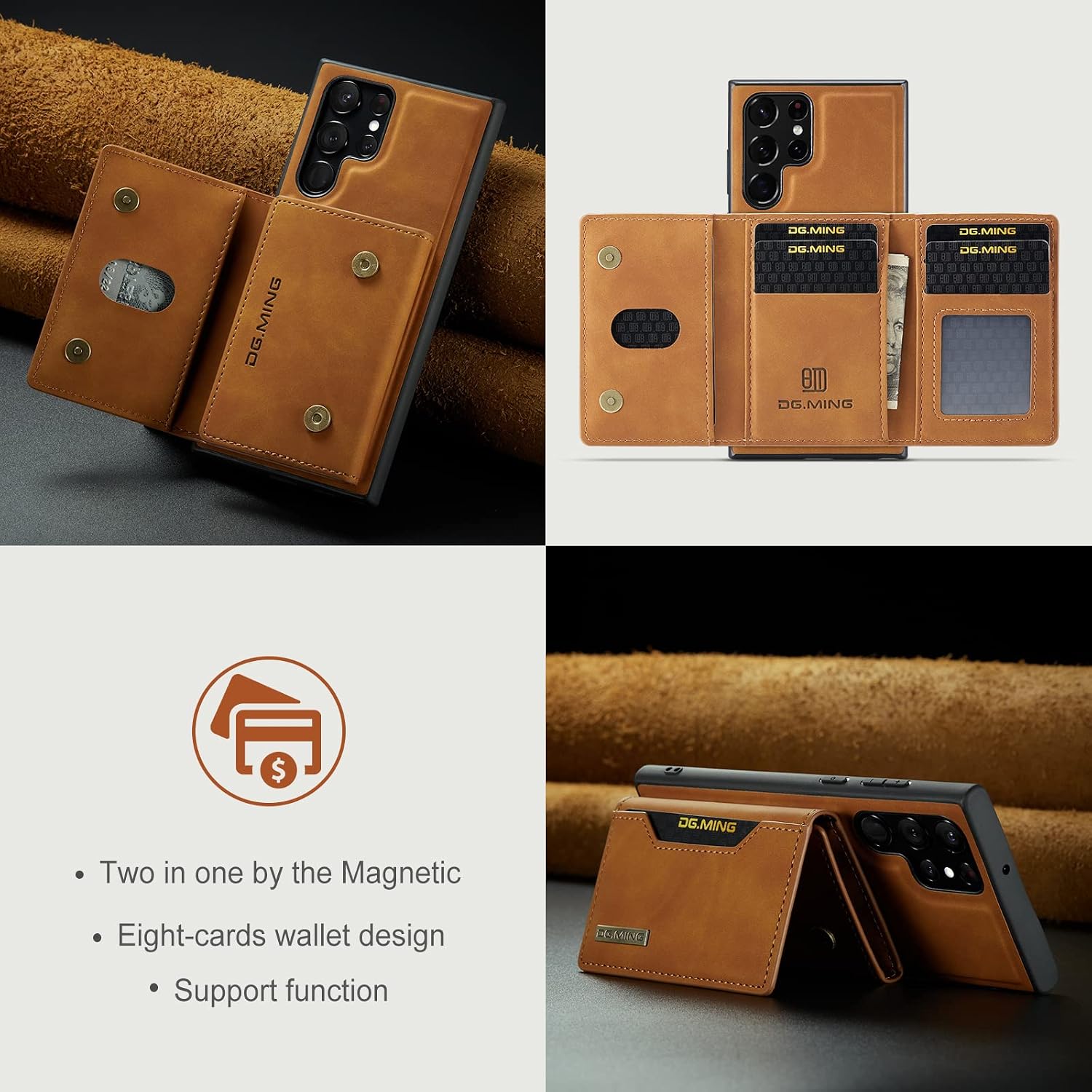 for Samsung Galaxy S22 Ultra Leather Case Wallet 2 in 1 Magnetic Detachable Wallet Back 6.8'' Protection Cover Slim Phone Cases with Card Holder Bag No Wireless Charger Khaki
