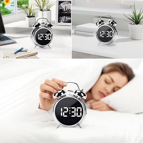 Miniatura 7 de Reloj despertador digital pequeño, reloj despertador electrónico LED de doble campana de 4.5 pulgadas, con enchufe o funciona con pilas, reloj de
