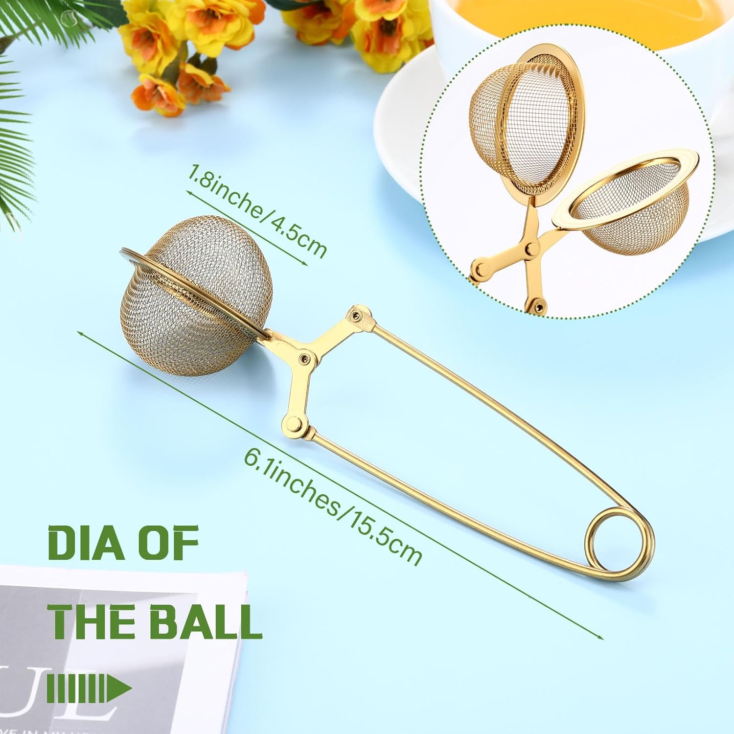 Yinder 40 Pcs Loose Leaf Tea Infuser Stainless Steel Mesh Snap Tea Ball Strainers with Handle Metal (Gold)