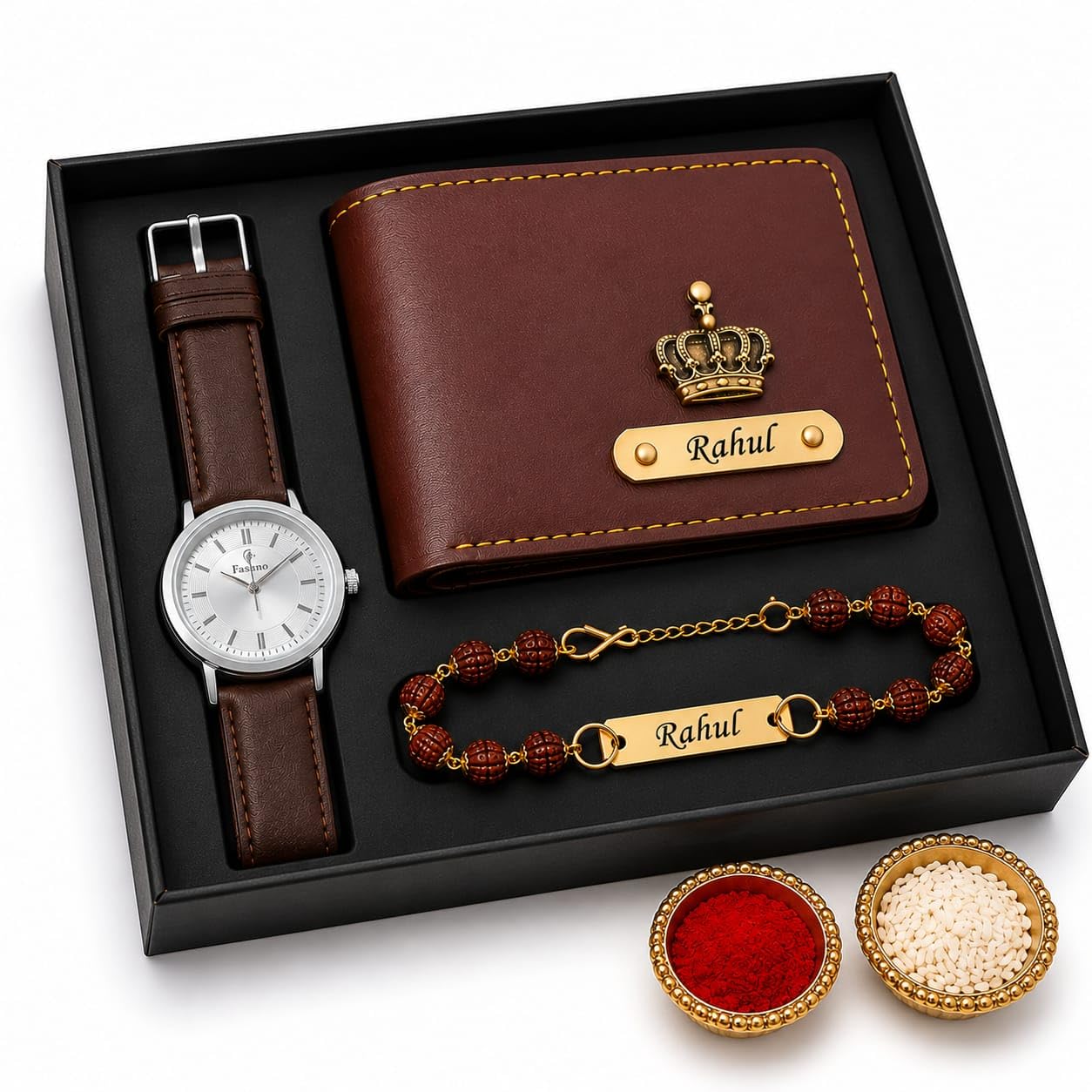 Personalized Raksha Bandhan Gift Set for Brother | Custom Name Wallet, Rudraksha Bracelet Rakhi Combo | Premium Gift Box with Roli Chawal-image-39