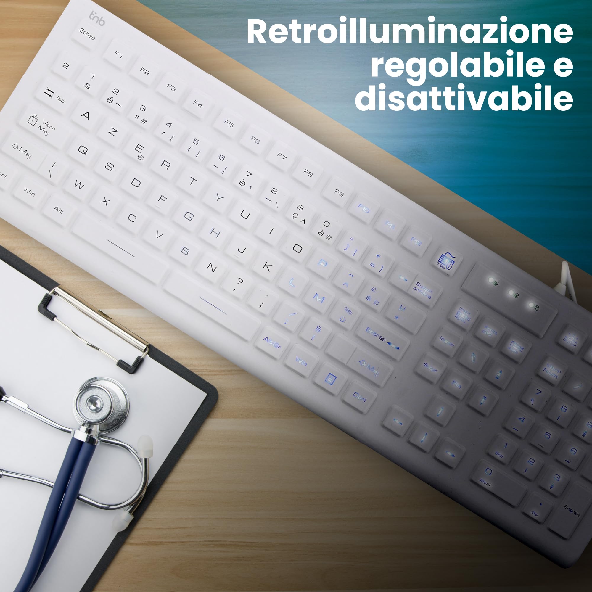 T'nB Medic - Tastiera cablata medica, impermeabile IP68 | Rivestimento Silicone, Antibatterico, Retroilluminato, AZERTY Francese, Bianco