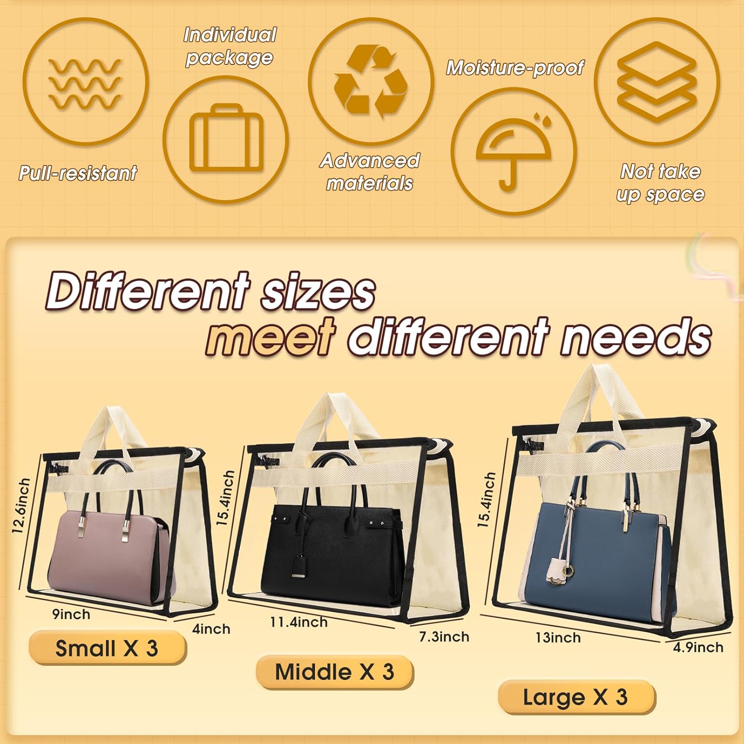 9 Pack Handbag Dust Bags,Dust Bags for Handbags,Clear Purse Storage,Dust Cover Bags for Handbag Storage with Zipper Handles - Image 2