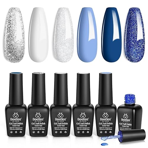 Beetles - Juego de 6 esmaltes de uñas de gel con purpurina blanca, azul marino, plateado, kit de esmalte de uñas de gel que se absorbe con lámpara
