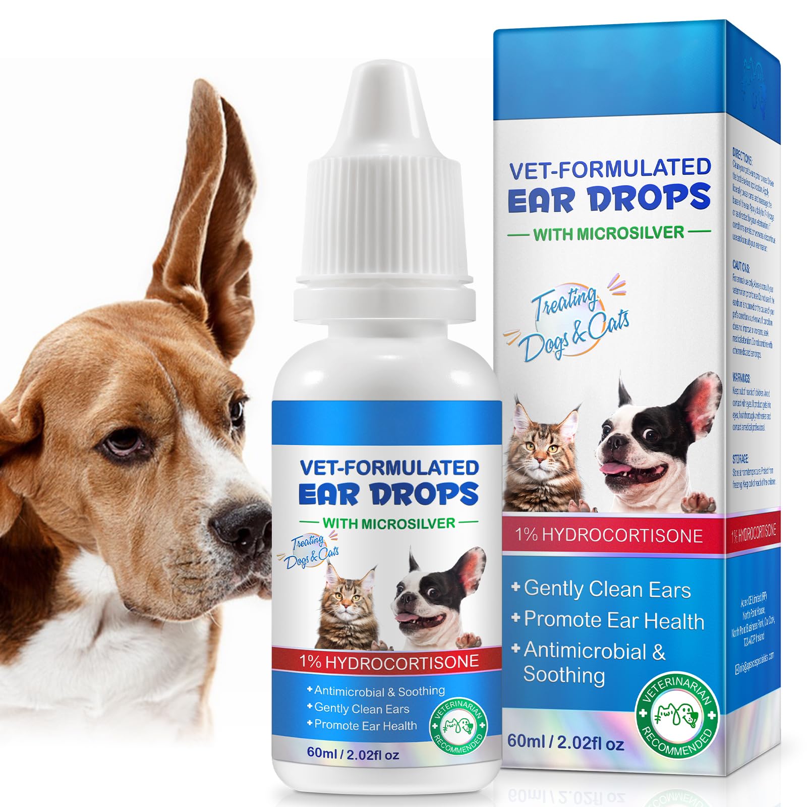 Cat & Dog Ear Infection Treatment Drops - with 1% Hydrocortisone for Yeast & Bacterial Ear Infections, Itchy Ear Relief, Prevents Inflammation - Ear Cleaner for Dogs & Cats - 2 fl oz