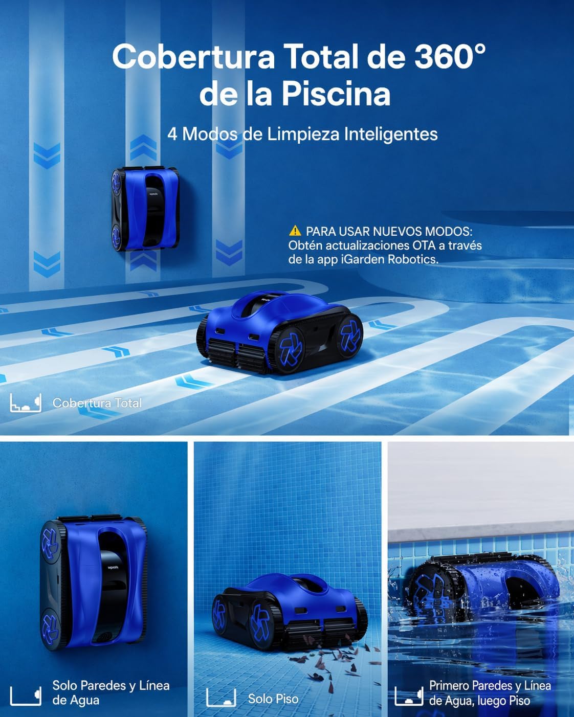 iGarden K Robot Piscina Limpiafondos y Paredes, Doble Filtración, 4H de autonomia, Control App, 5 Modos, Pantalla táctil, Temporizador IA, Navegación Inteligente y función Auto Parking