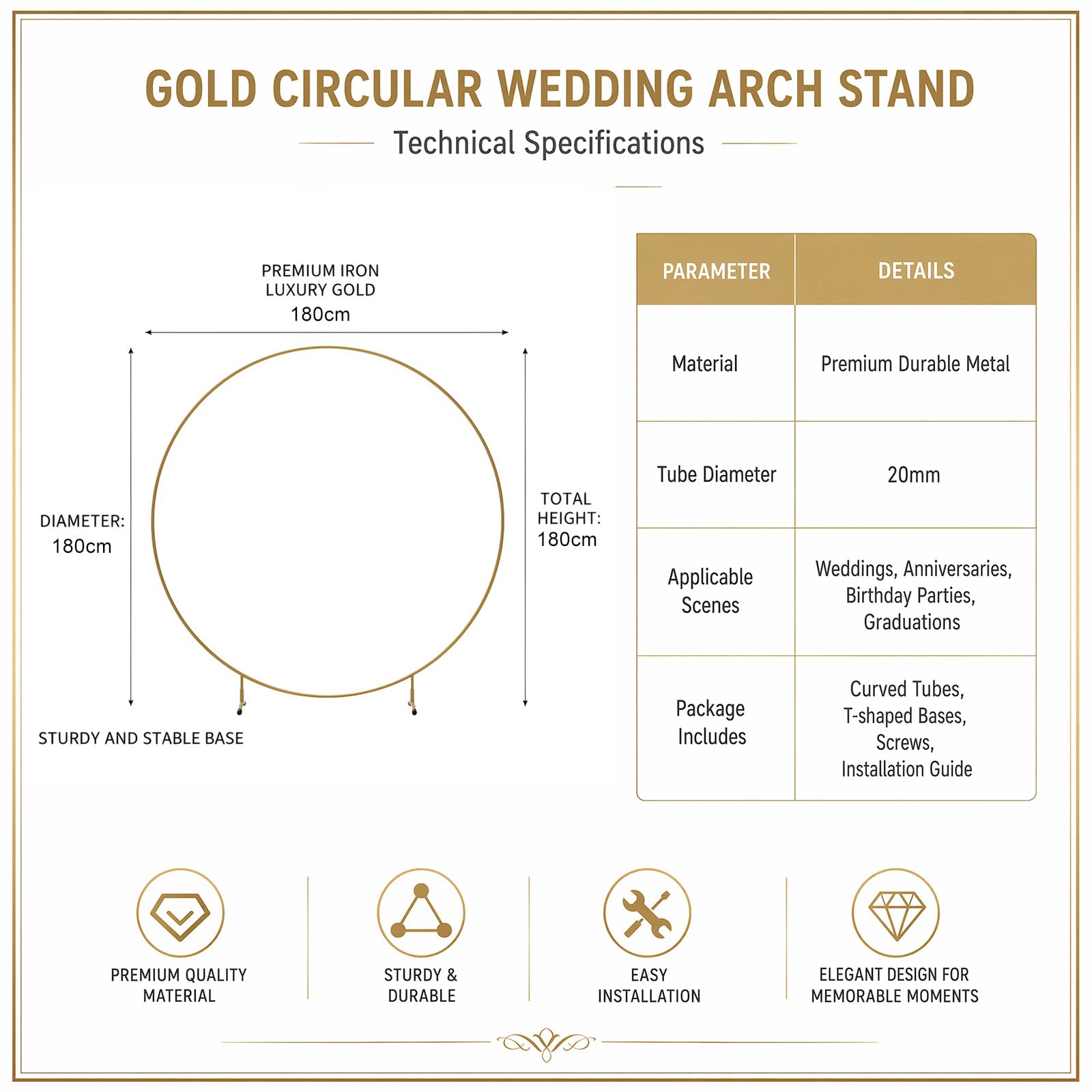 Arco per palloncini da 1,8 m in metallo, telaio rotondo con sacchi d'acqua e picchetti, set per matrimoni, compleanni, feste e decorazioni per arco d'uva