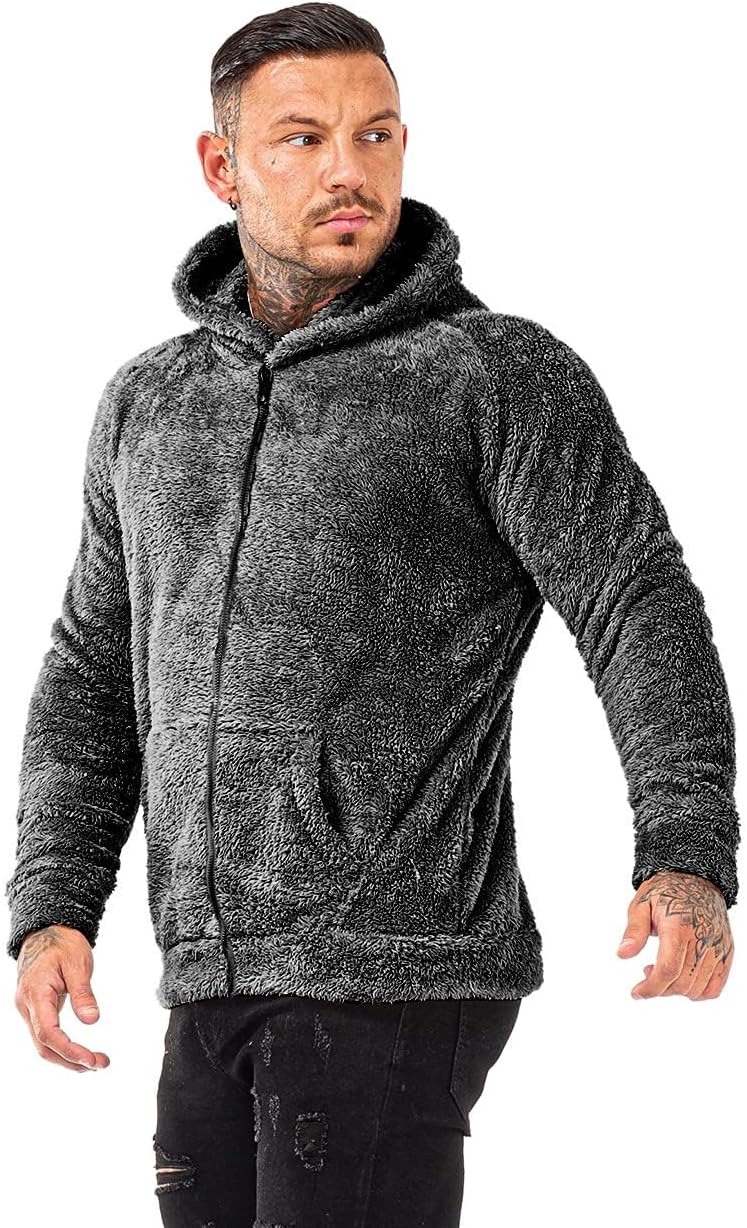 GINGTTO Men's Fuzzy Hoodie Pullover Sweatshirt Full Zip Up Fleece Outwear Dark Grey Plus Size - Image 8