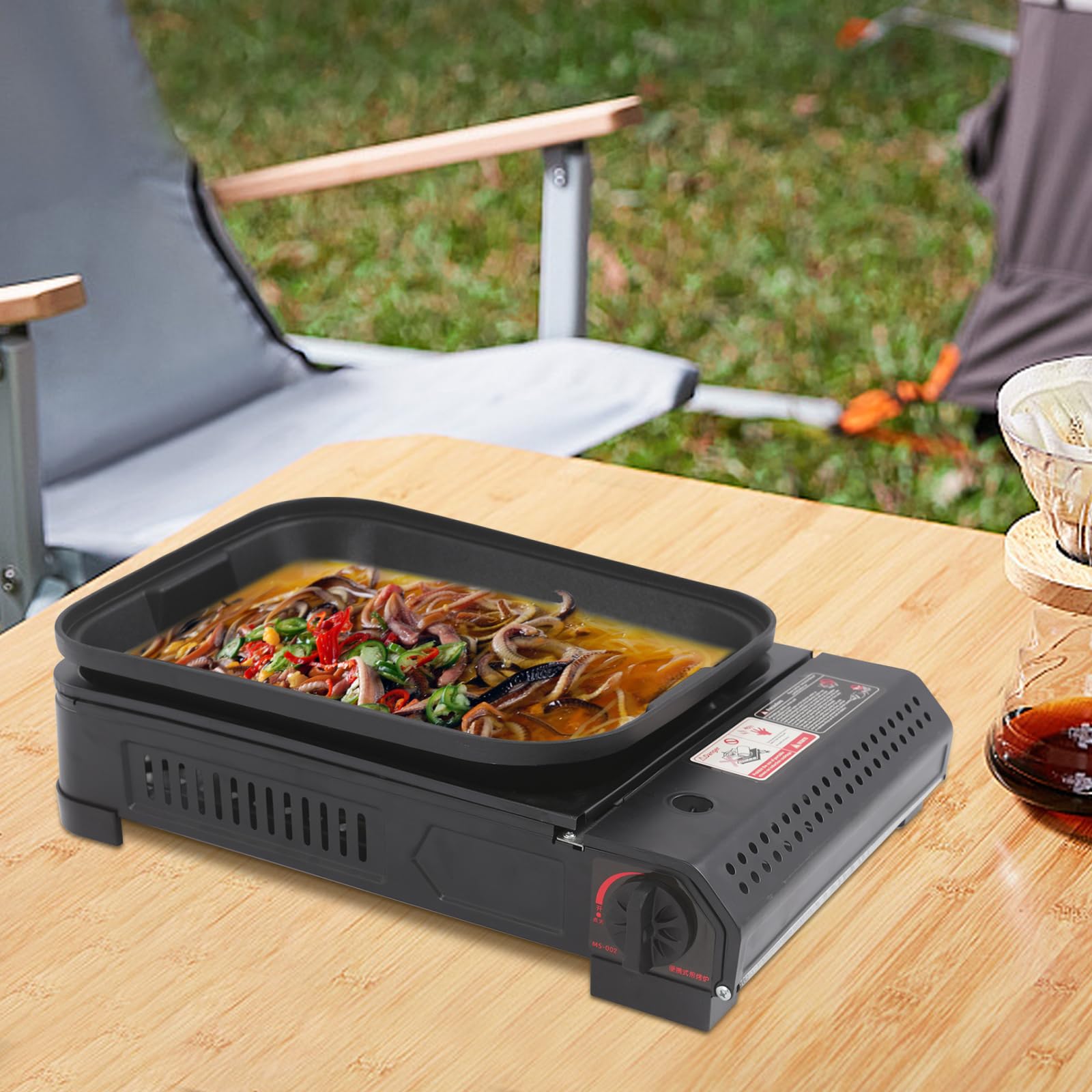 Réchaud de camping à gaz 2 en 1 avec plaque de cuisson piézoélectrique, barbecue portable, couvercle en verre, mallette