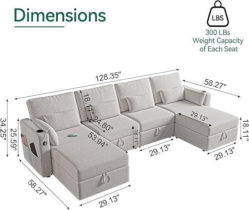 Miniatura 2 de Sofá modular modular con almacenamiento, sofá modular en forma de U con tumbona y otomanas, sofá convertible de 6 asientos para sala de estar con