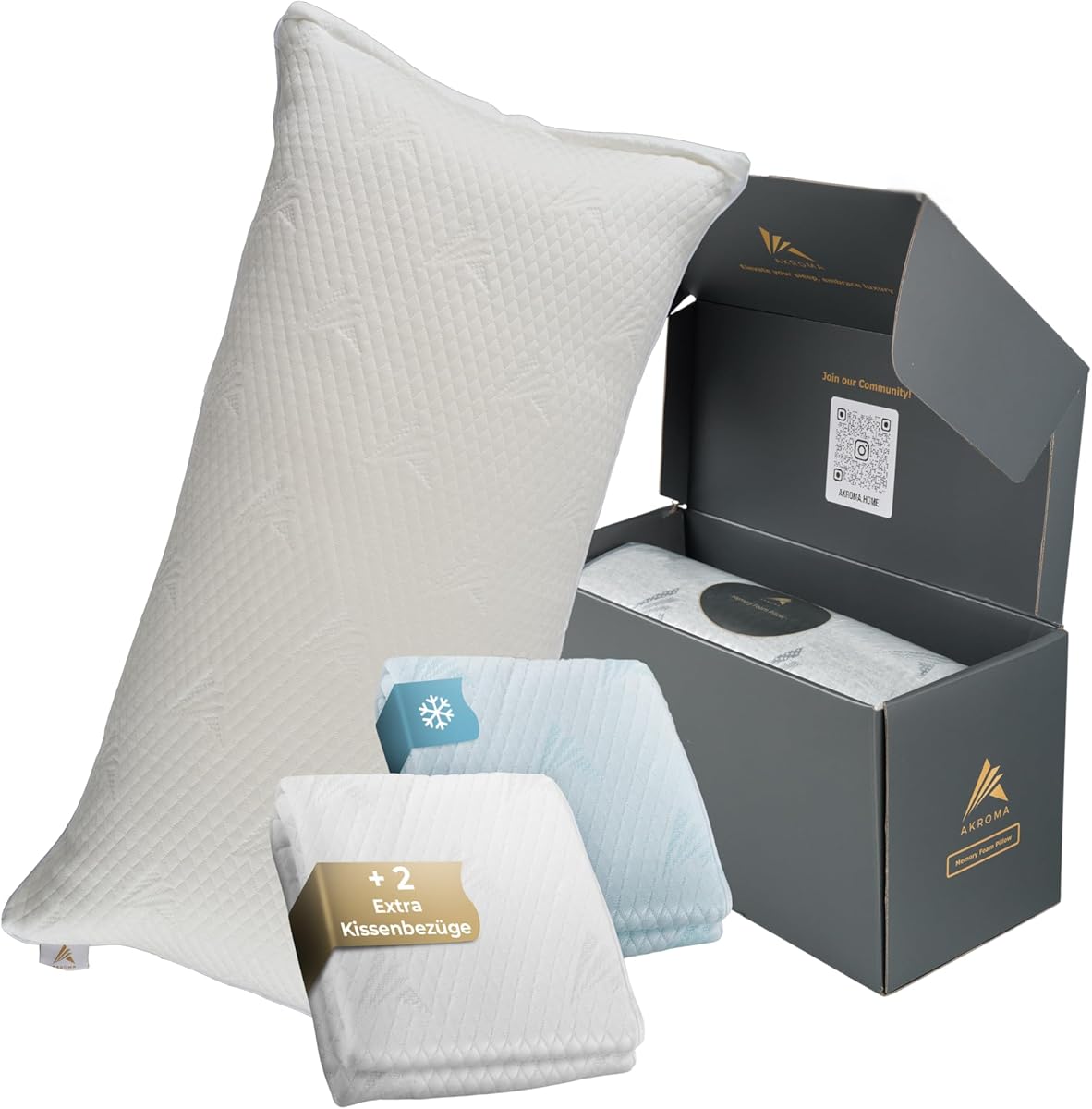 Akroma Memoryschaum Kissen 40×80cm - inkl. Wechselbezüge, ergonomisch, höhenverstellbar, für alle Schlafpositionen, atmungsaktiv, hypoallergen, Oeko-Tex Zertifiziert