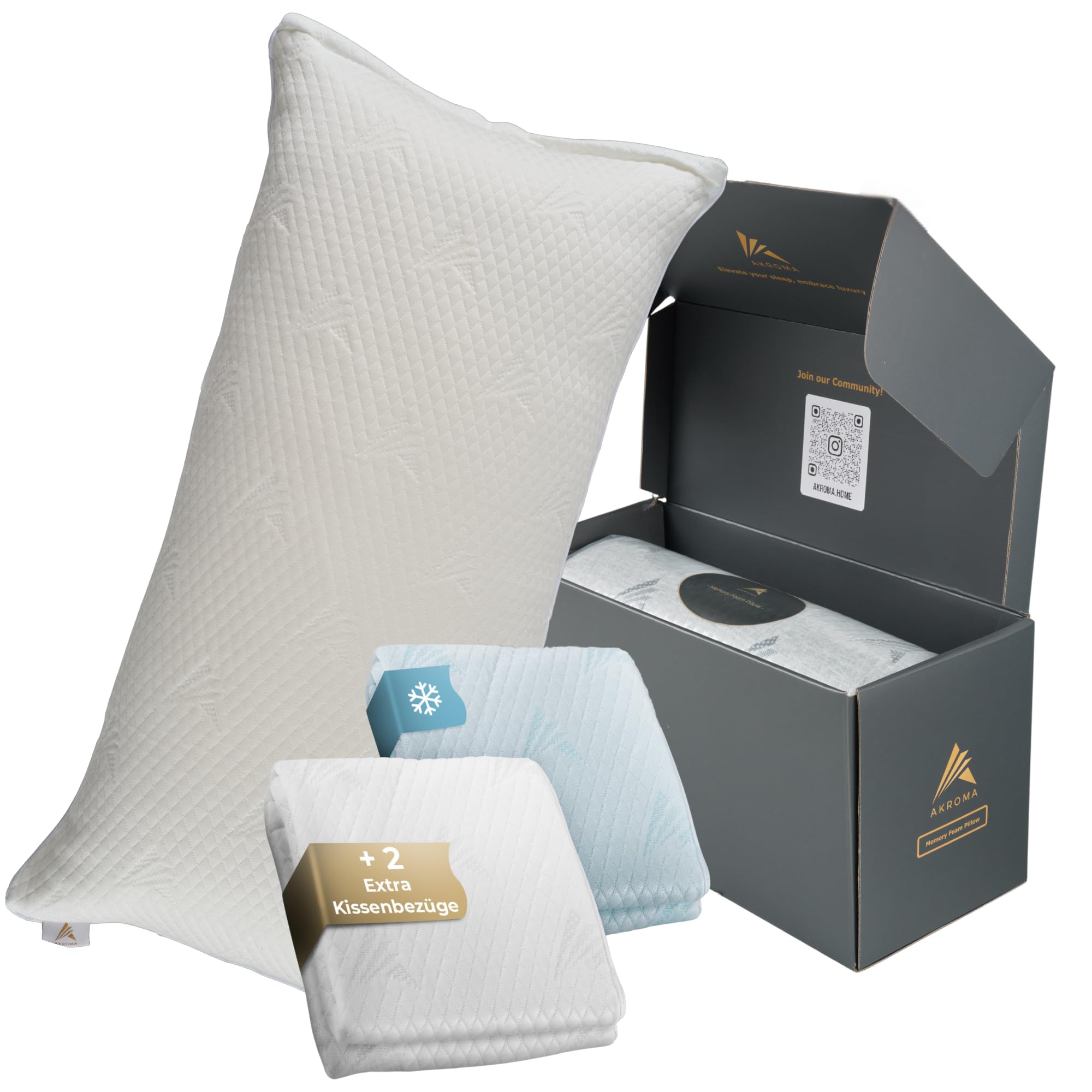 Akroma® 2er Set Memoryschaum Kissen 40×80cm - inkl. Wechselbezüge, ergonomisch, höhenverstellbar, für alle Schlafpositionen, atmungsaktiv, hypoallergen, Oeko-Tex Zertifiziert