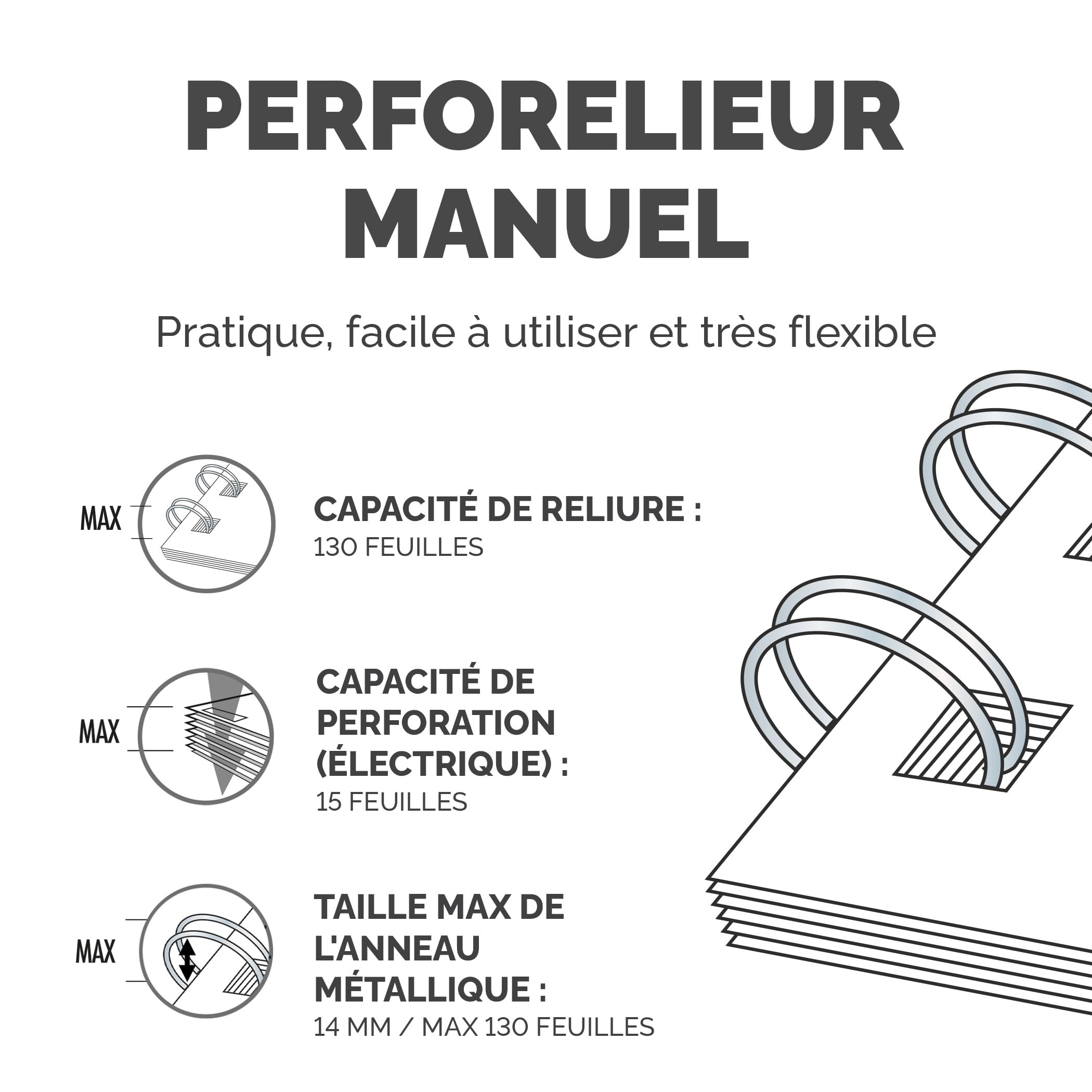 Fellowes Quasar+ Machine à relier 130 feuilles perforation manuelle anneaux métalliques Argent
