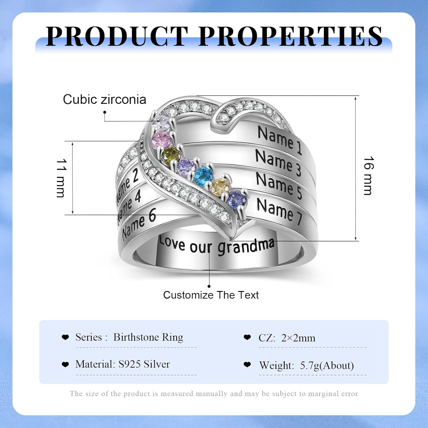 Personalized Mothers Rings Birthstones Rings for Women with 1-8 Names Sterling Silver Promise Ring for Her Gifts for Mom Wife Grandma Nana Birthday Anniversary Christmas