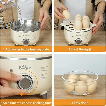 Bear Egg Cooker,14 Egg Capacity Rapid Electric Egg Cooker with Auto Shut-Off Timer for Hard Boiled Eggs, Poached Eggs, Scrambled Eggs, or Omelets,Single or Double Layer Use
