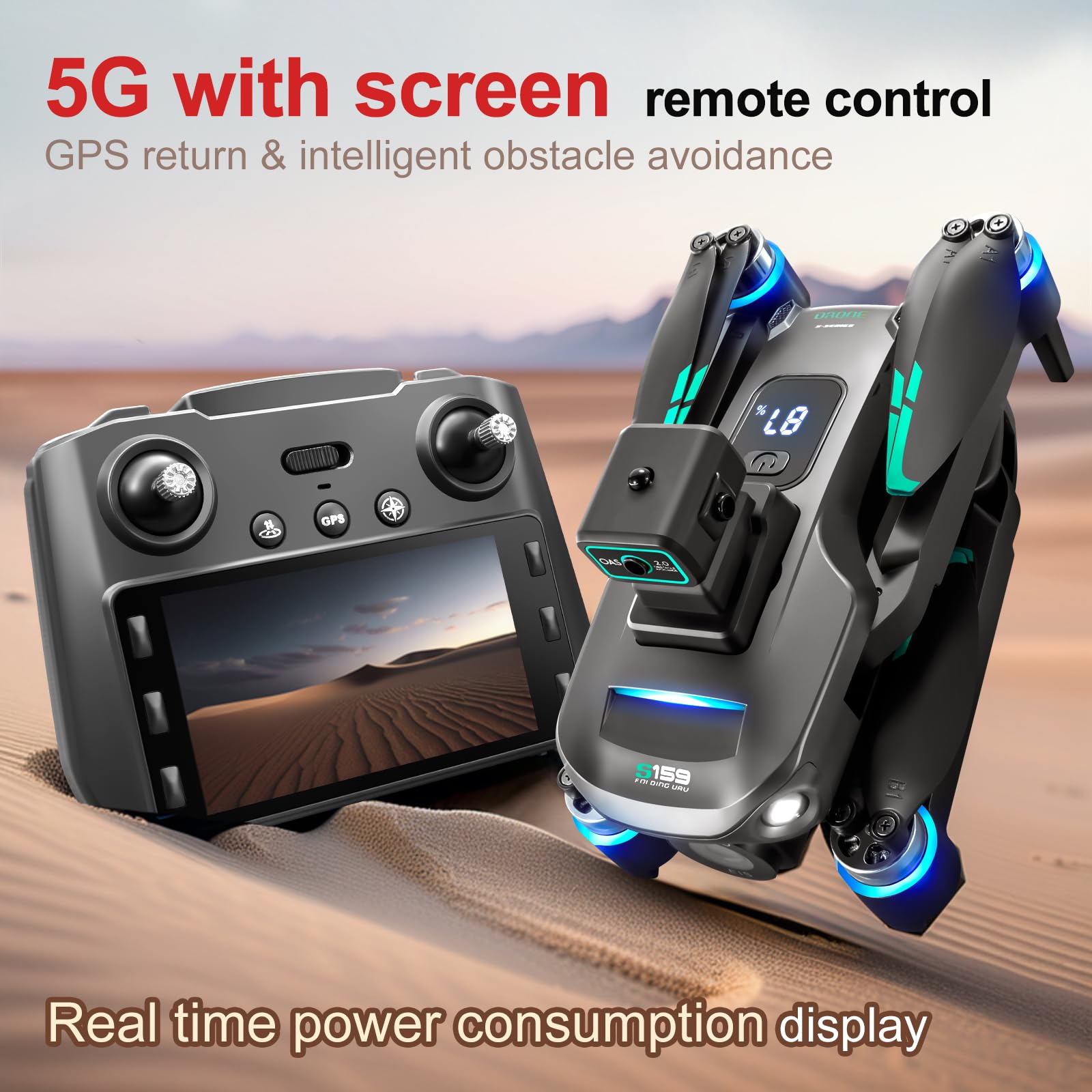 OBEST GPS Drone con Telecamera 4K, Wifi FPV Drone Professionale con Motore Brushless,120° Telecamera Regolabile Motorizzata,Evitare Gli Ostacoli,Radiocomando con Schermo,7.4V Batteria