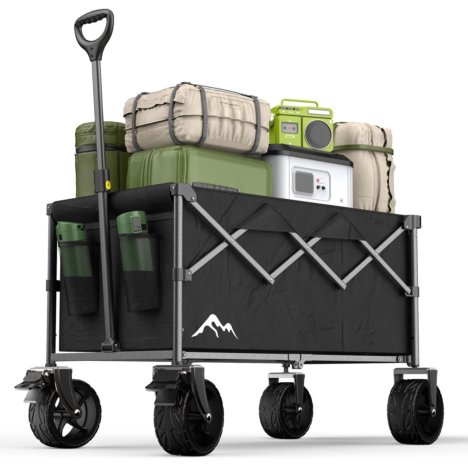 Festival Trolley, 150L Folding Beach Trolley Cart with Adjustable Tailgate, Extra Wide Wheels and Brake Load up 150KG, Adjustable Handle & Cover Bag, 360° All-Terrain Wagon trolley for Camping Garden