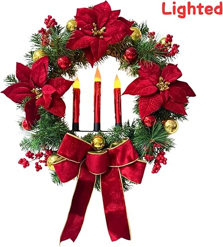 Miniatura 2 de Corona de Navidad iluminada de 21 pulgadas, corona de Pascua de Navidad para puerta delantera con velas rojas sin llama, adornos de bola, agujas de