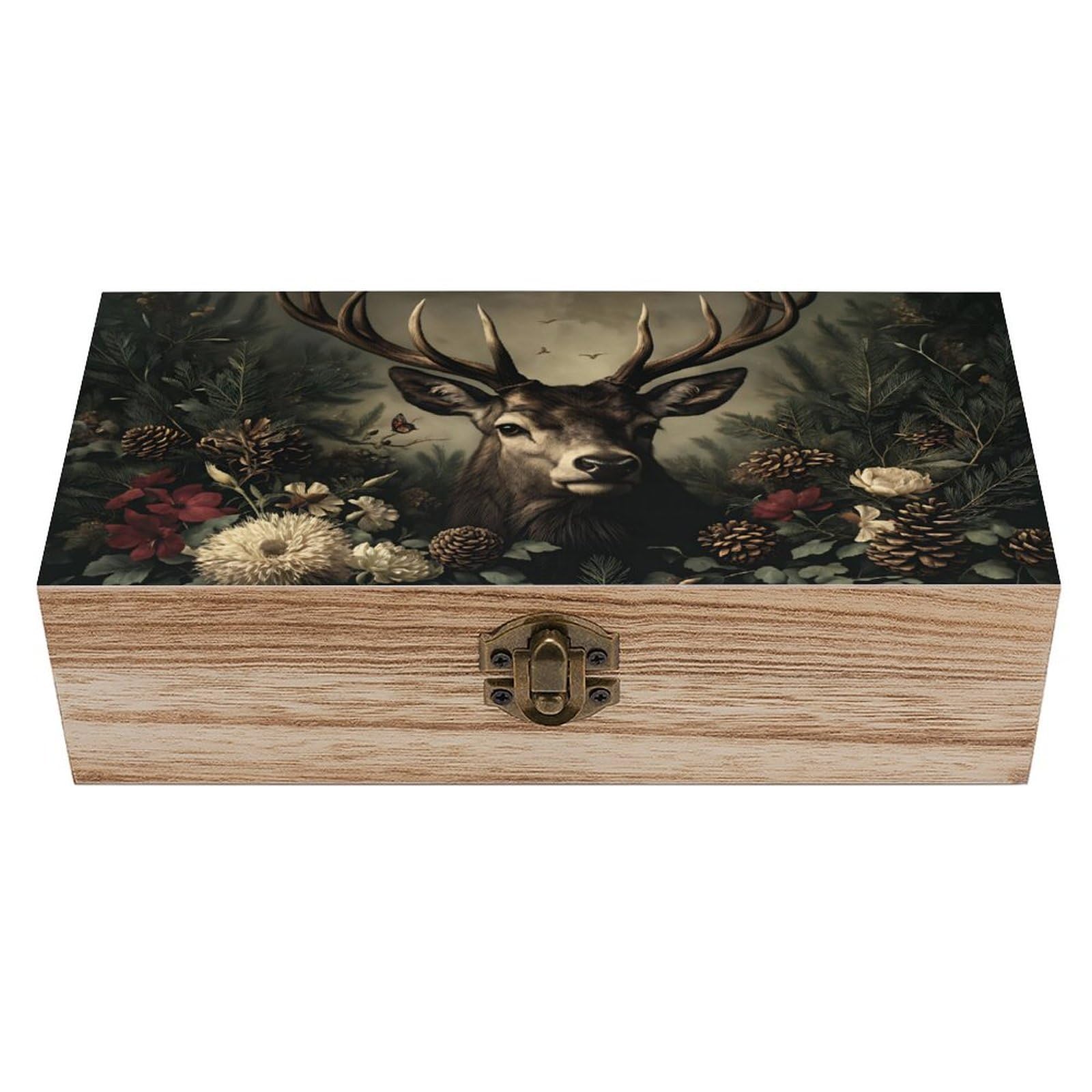 SMAZDFXX Deer Flowers Pinecones Nature Wooden Keepsake Box Vintage Solid Wood with Hinged Lid 7.9"×3.7"×2.3" Metal Latch Rustic Home Decor for Jewelry Photos And Trinkets
