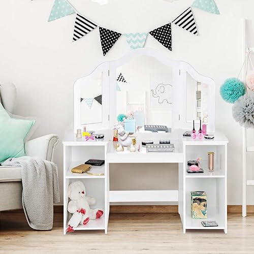 Miniatura 4 de Costzon Vanity - Tocador de maquillaje de princesa 2 en 1 con parte superior desmontable, tocador para niños pequeños con espejo triple y estantes