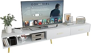 طاولة تلفزيون من زيريفام، حامل تلفزيون قابل للتمدد مع مساحة تخزين، خزانة تلفزيون لتلفزيون 55 الى 100 بوصة، مركز ترفيه عصري مع مساحة تخزين، طاولة وحدة تحكم وسائط لغرفة المعيشة وغرفة النوم (ابيض)