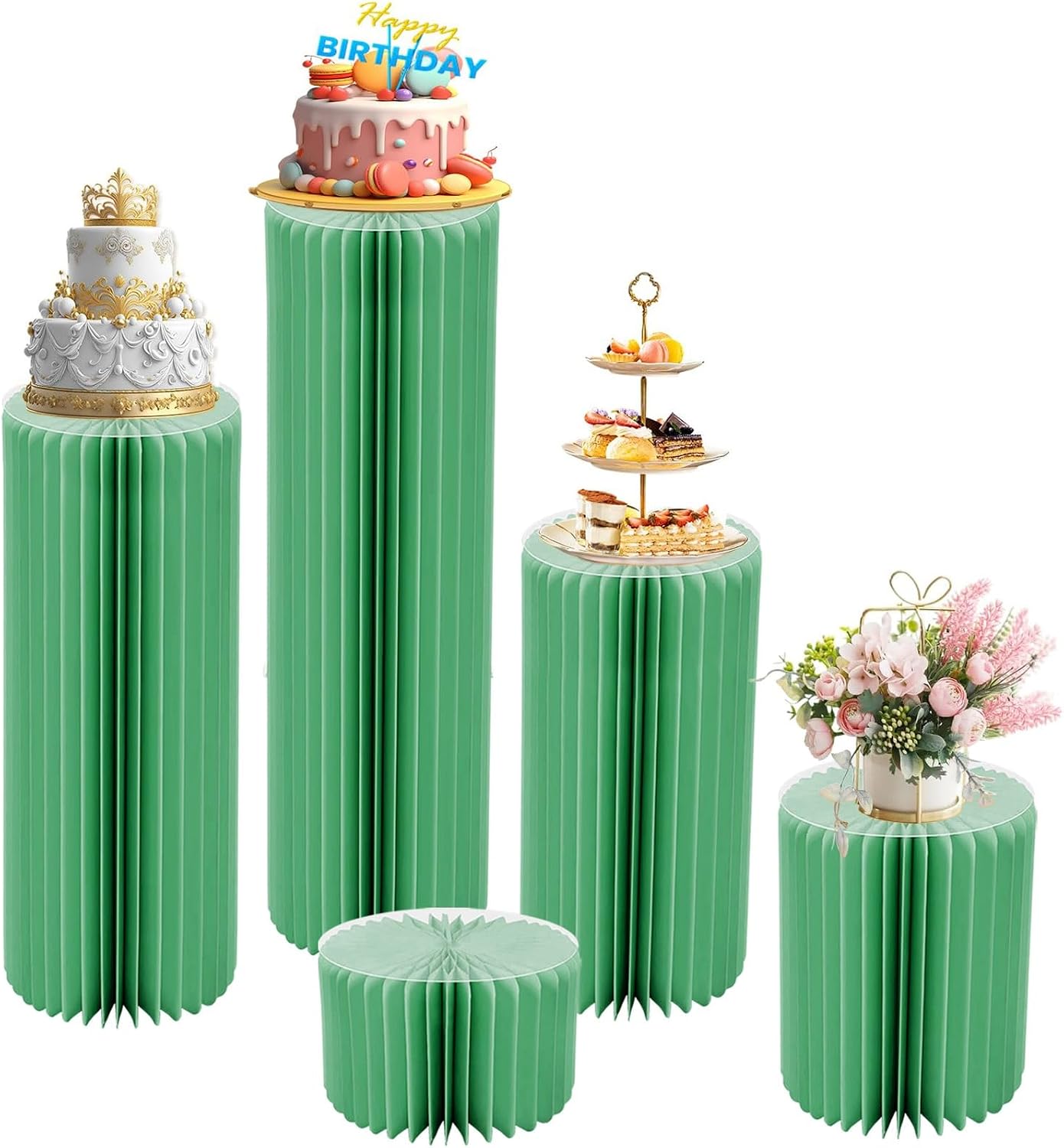 Paper Cylinder Stands for Party Paper Pillars Set of 5 Foldable Cardboard Display Column cylinder Cardboard Columns,Round Cake Pedestal Stand for Wedding Party Birthday(Green)