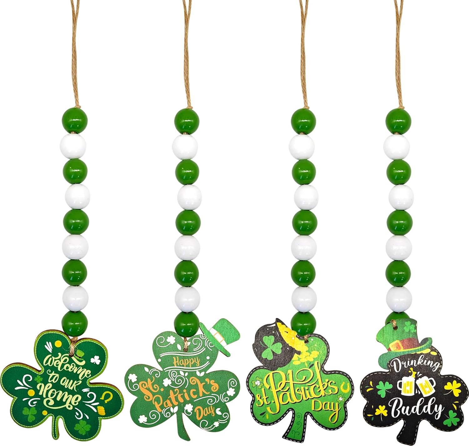 St Patricks Day Decorations Ornaments,4Pcs Lucky Hanging Shamrocks Wooden Cutouts With Rope Irish Favors Wood Four-Leaf Clover Tree Decorative Party Pendant For St. Patrick's Day Tree Table Door Decor