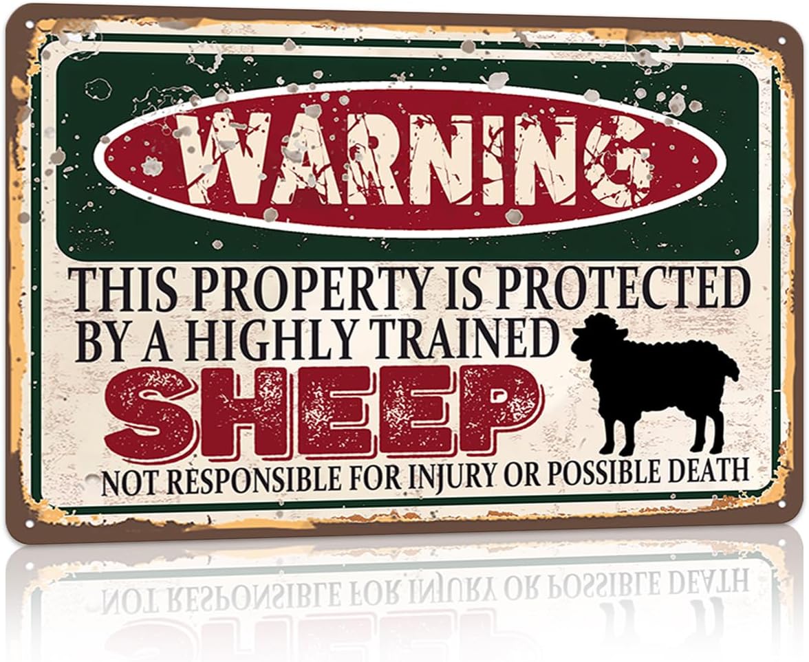 Vintage Sheep Metal Sign, Warning this property is protected bY a highly trained Sheep Sign Funny Tin Signs 12x8 Inch