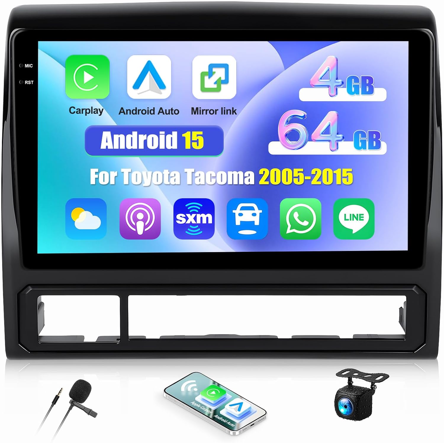 4G+64G for Toyota Tacoma 2005-2015 Android 15 Car Radio, Carplay Android Auto 9 Inch Touch Screen, Bluetooth FM RDS/WiFi/GPS Navigation/SWC+AHD Backup Camera