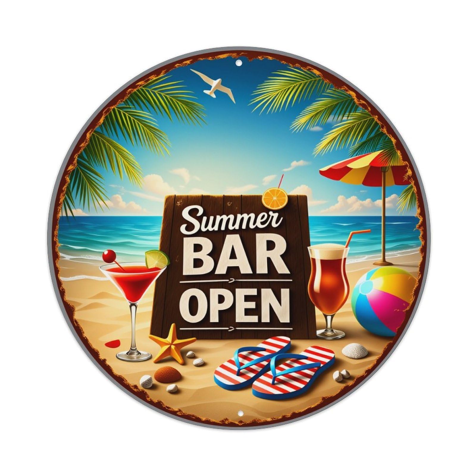 Summer Beach Bar Scene Vintage Metal Tin Sign Retro Wall Decor for Home Bar Garage Cafe, Indoor & Outdoor Decorative，circle Metal Poster, 8x8 Inch