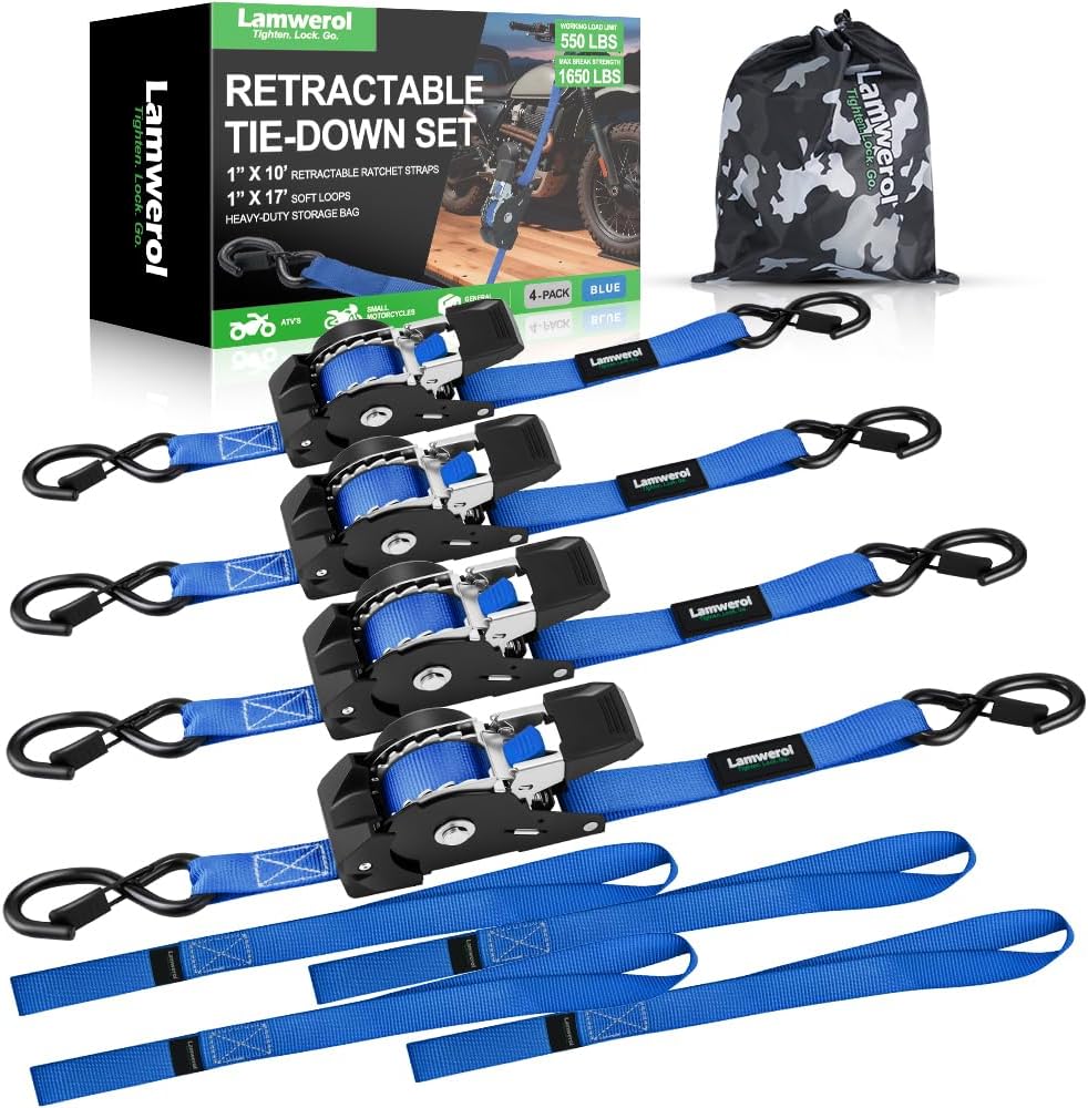 Retractable Ratchet Straps (4-Pack) - 1 Inch x 10 Feet (1,650lb Break Strength) - Heavy Duty Auto Self Retracting Tie Down Straps for Motorcycle, ATV, UTV, Truck, Cargo Trailer - Blue