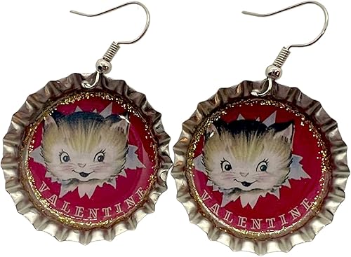 Miniatura 1 de Vintage Valentine Kitten, Bottle Cap Earrings, Retro Jewelry