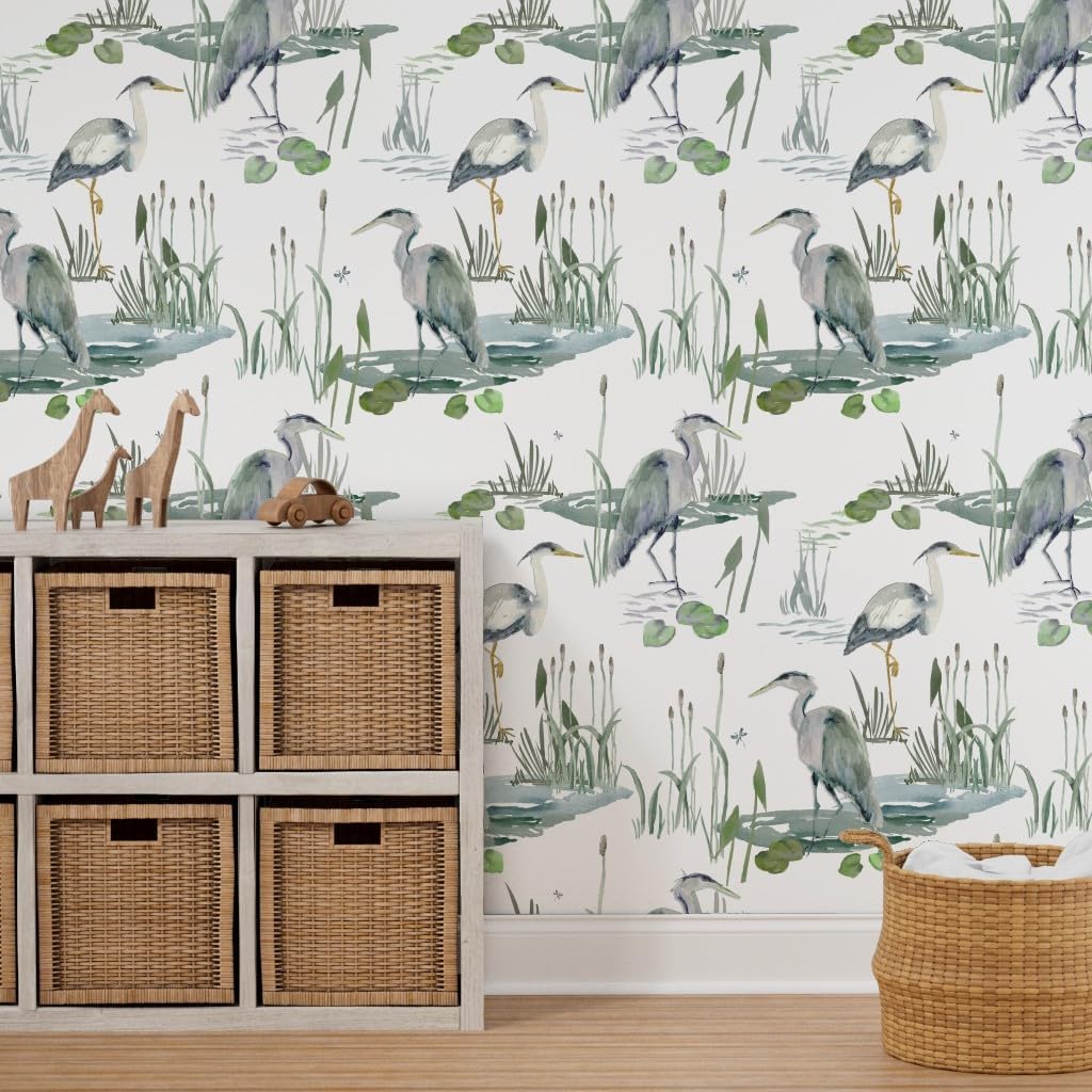 Spoonflower Peel & Stick Wallpaper 6ft x 2ft - Watercolor Marsh Pond Heron Birds Nature Coastal Cattails Seaside Coast Beach Egret Large Scale Custom Removable Wallpaper