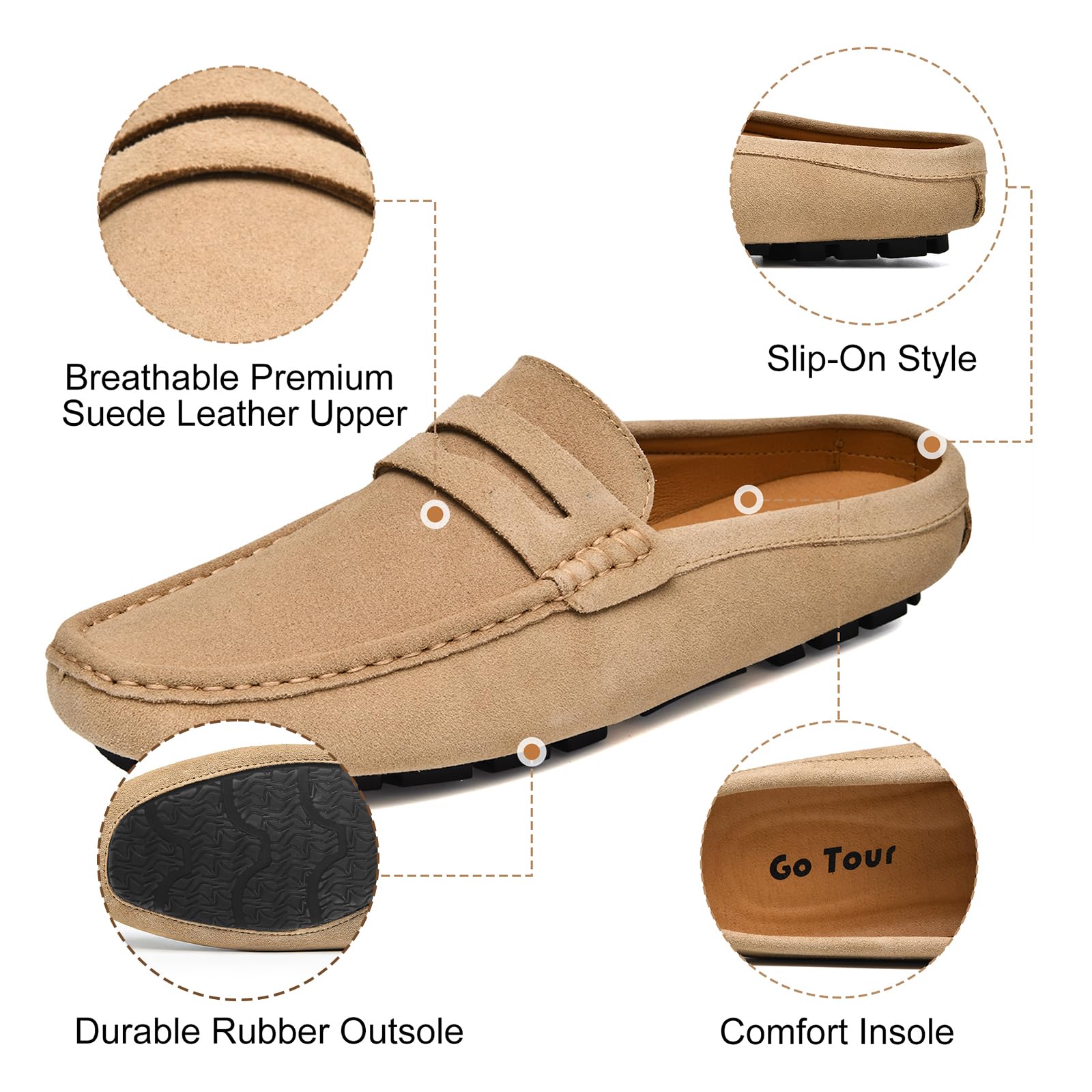Go Tour Handgefertigte Wildleder-Pantoletten für Herren, Clog, atmungsaktiv, Leder, Schlupfschuhe, lässige Loafers