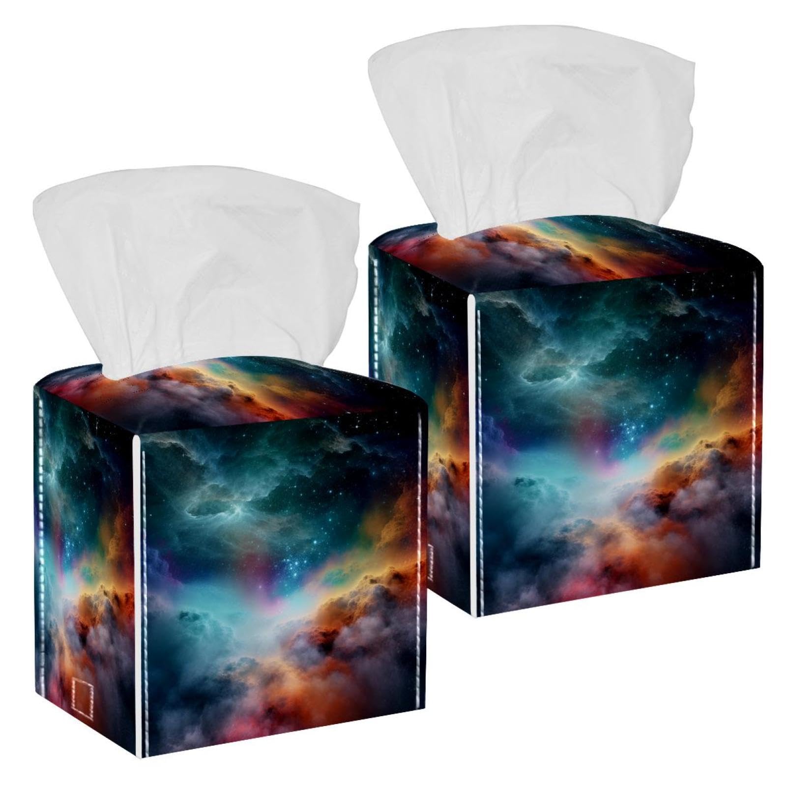 Stars Nebula Tissue Box Cover, 2 Pack PU Leather Square Facial Tissue Dispenser Box holder for Home Office Car