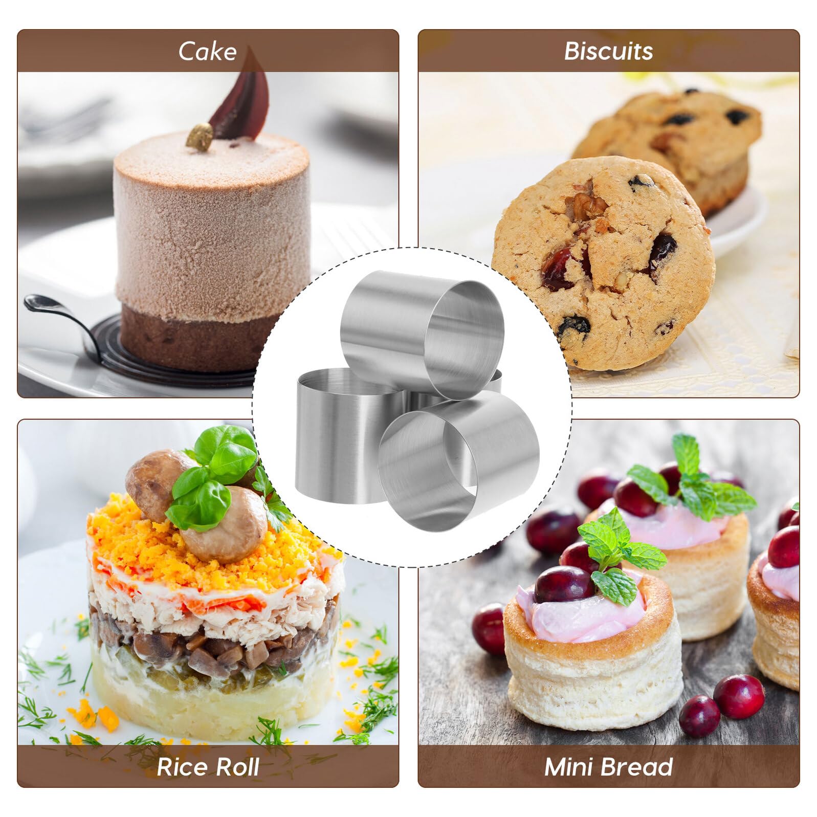 Sewroro Molde Redondo para Mini Tartas de Mousse de Acero Inoxidable Pack de 8 Unidades Tamaño 5X5X5 CM Resistente Corrosión y Apto para Uso Doméstico y Profesional Repostería