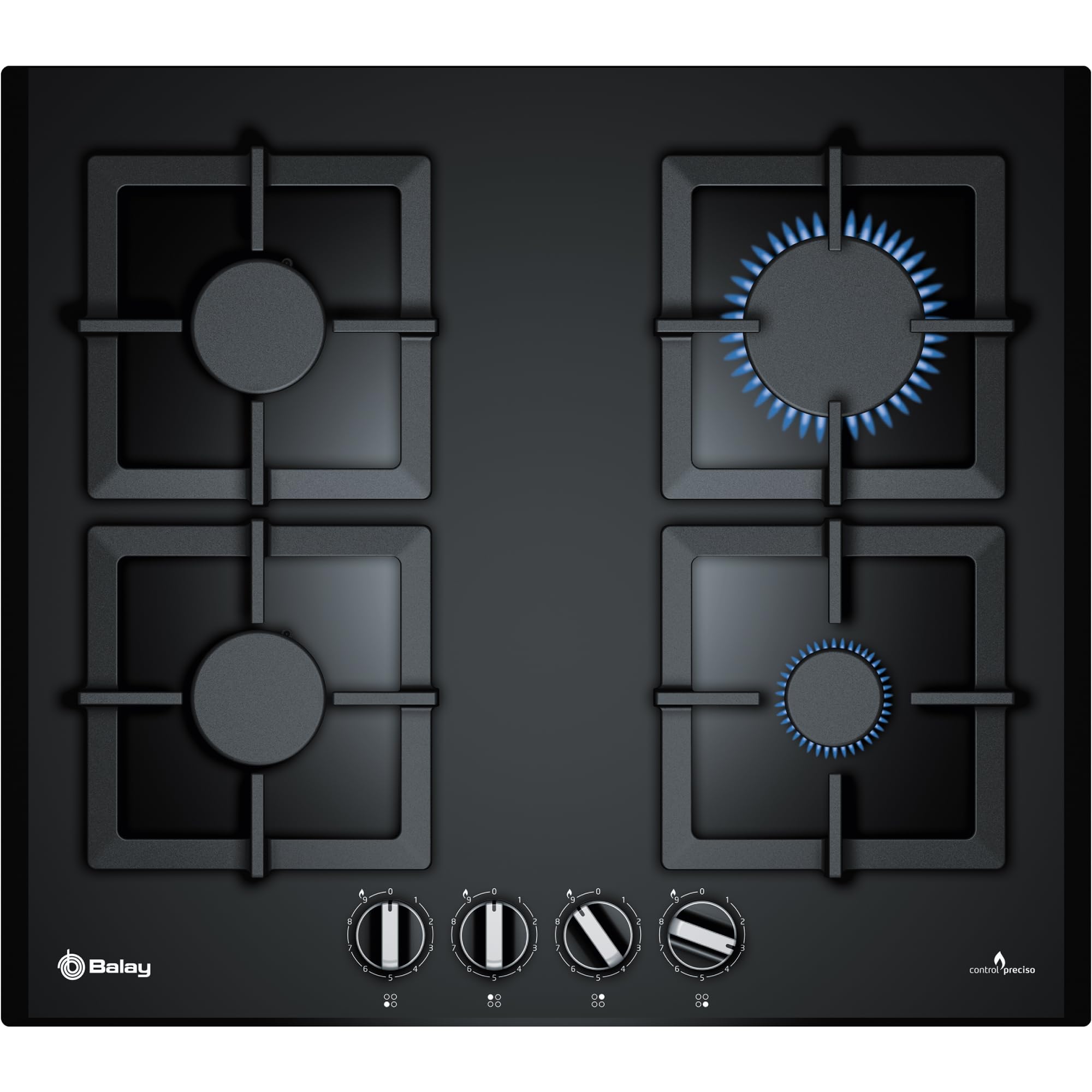 Balay, 3ETG676HB - Placa de gas, 5 zonas l Mandos frontales, Ancho 75 cm, Cristal templado negro, Control preciso de la llama en 9 niveles, Seguridad GasStop, Butano/biometano, Convertible